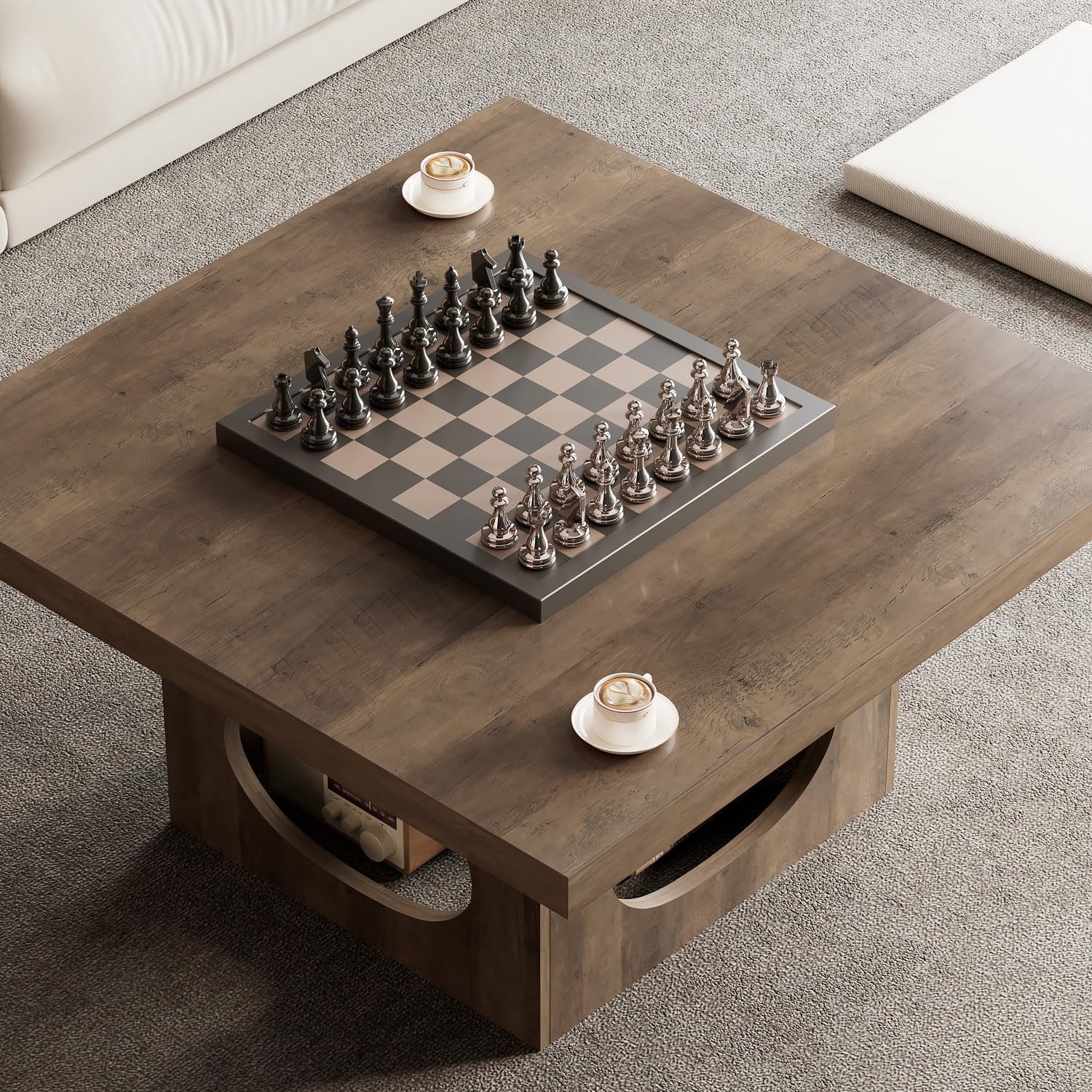 HSH Couchtisch Holz Wohnzimmertisch Sofatisch Beistelltisch Couchtisch mit Katzenhaus Kissen Industrieller Quadratischer Tish Rustikal Eiche 90 cm