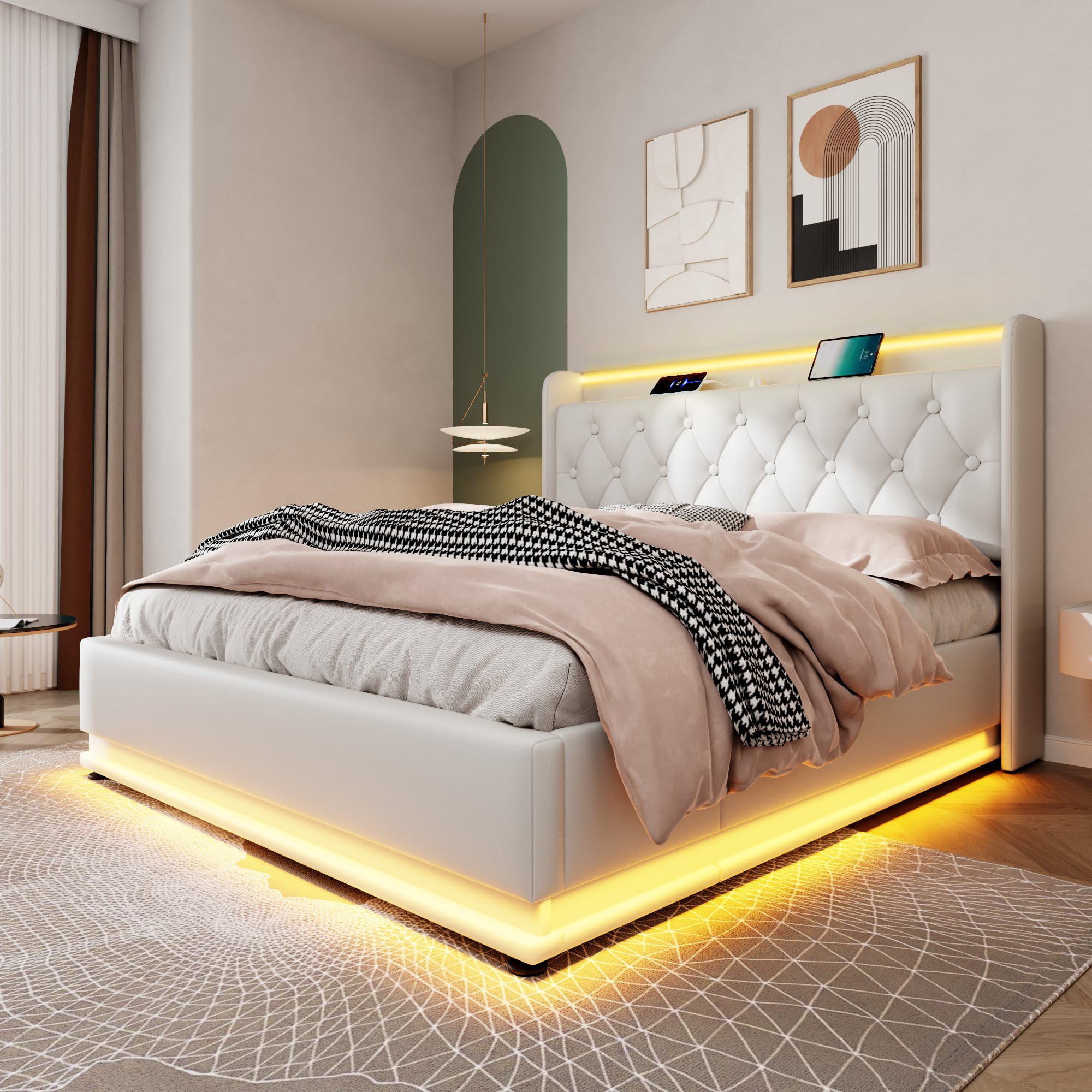 LINKHOO lit rembourré double, fonction LED surround 360, bouton-poussoir/application/télécommande,140*200 cm, matériau PU blanc Lit de camp hydraulique,avec fonction de charge USB Type-C(sans matelas)