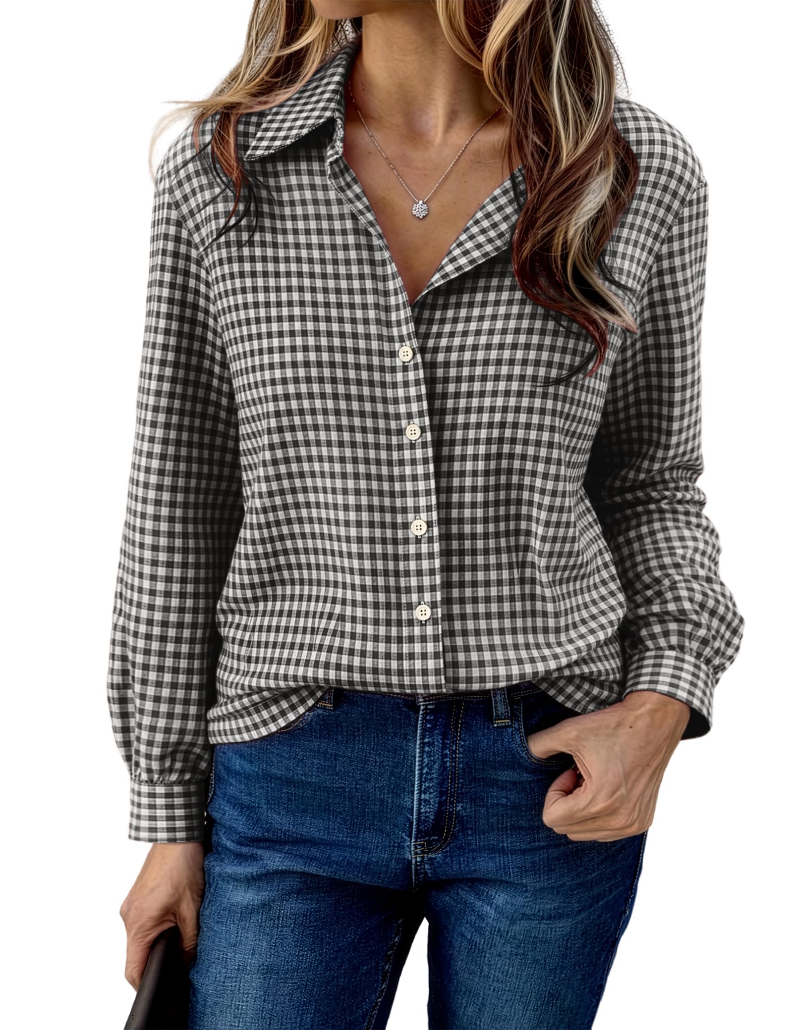 Aottori Karierte Bluse Damen Baumwolle Langarm Hemd Button Down V-Ausschnitt Blusen Elegant Casual Holzfäller Frauen Trachtenbluse Oktoberfest