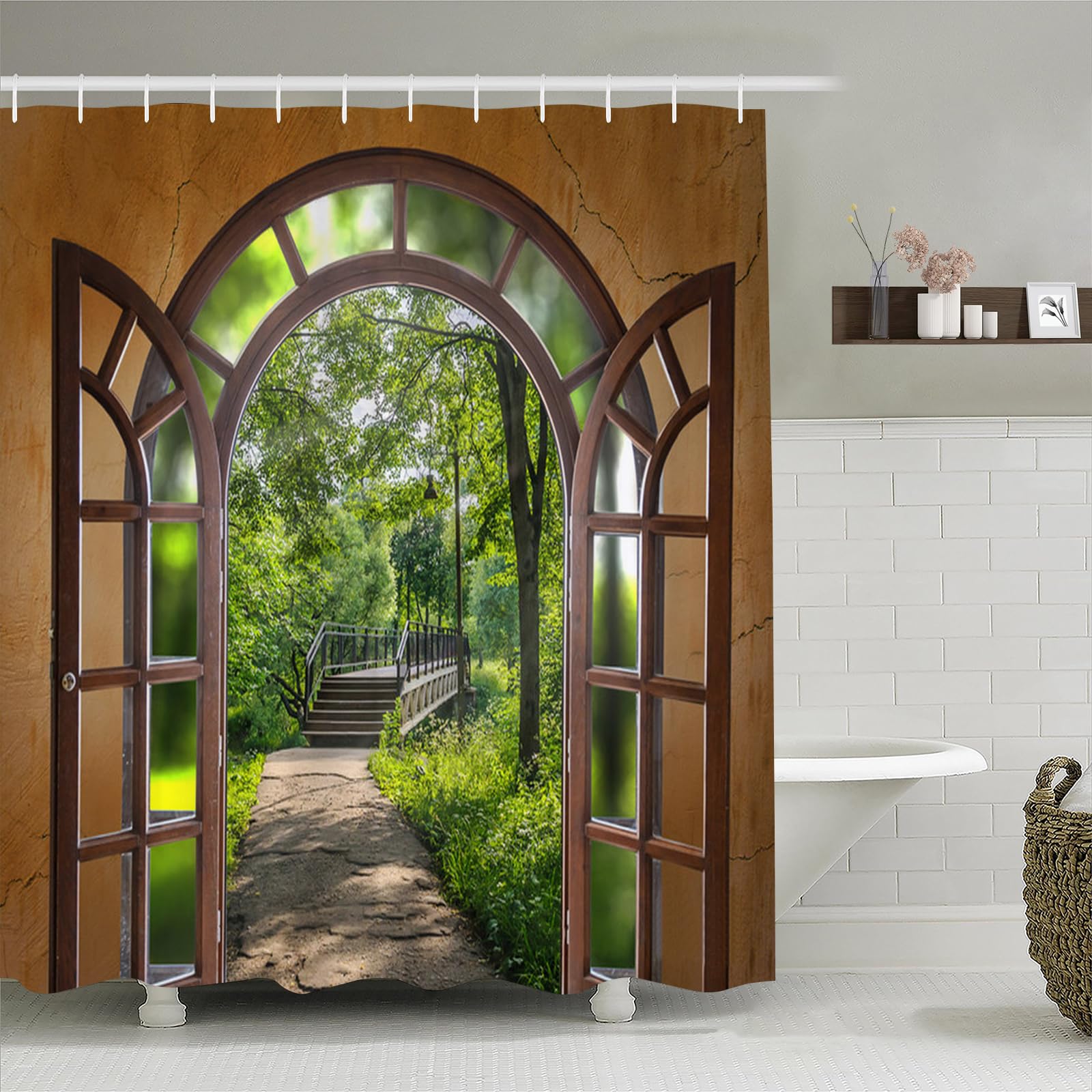 Simpomsy Color-2 Garden Shower Curtain Woods Sunshine Gate Nature Scenery Shower Curtain Waterproof 3D Outdoor Scenery Bathroom Curtains Decoration With 12 Hook 150X180cm