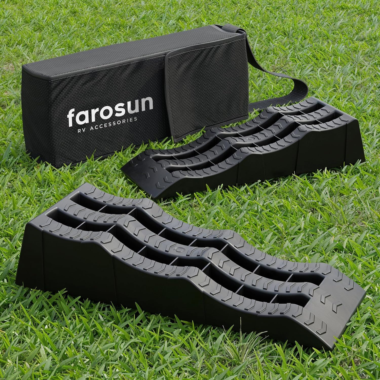 Cales de nivellement pour Camping-Car & Caravane – Lot de 2 avec 3 hauteurs (4/7/10 cm), Bandes antidérapantes & Sac de Transport – 5000 kg