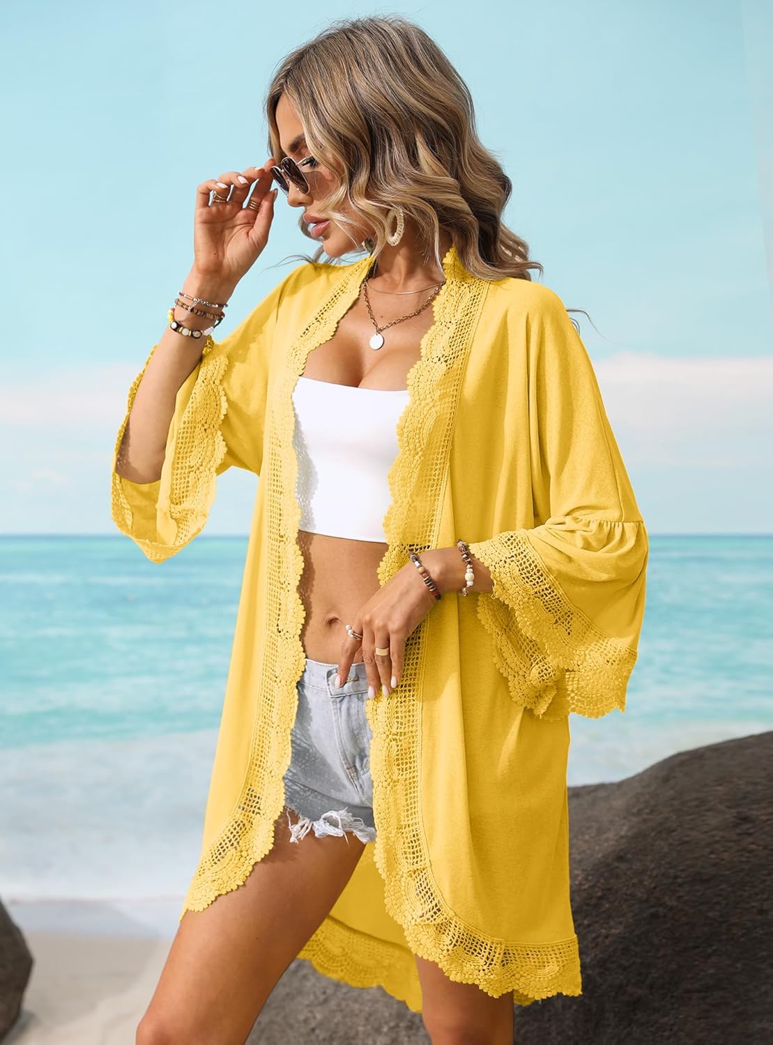 Women's Summer Lightweight Cardigan 3/4 Ruffle Sleeve Lace Details Kimono - Image 5