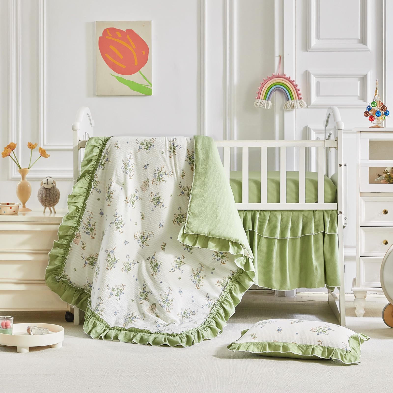 AIKASY Juego de ropa de cama para cuna con volantes y estilo desgastado para niñas, edredón acolchado para bebé, sábana bajera, falda de cama y funda de almohada