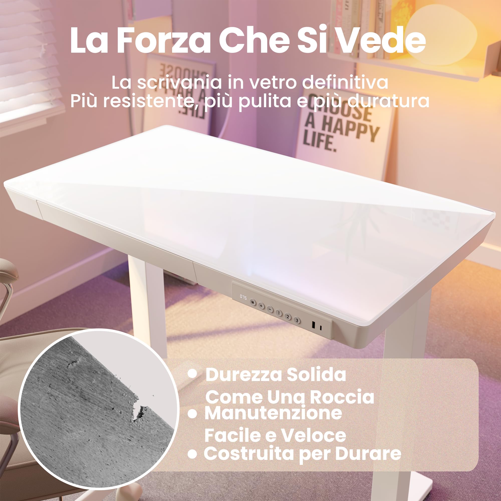 HUANUO 88 x 50 cm Scrivania Regolabile in Altezza con Piano in Vetro, Cassetto, Porte di Ricarica USB e 3 Altezza Memorizzabili, Scrivania Ufficio con Piano Monoblocc, Vetro Bianca