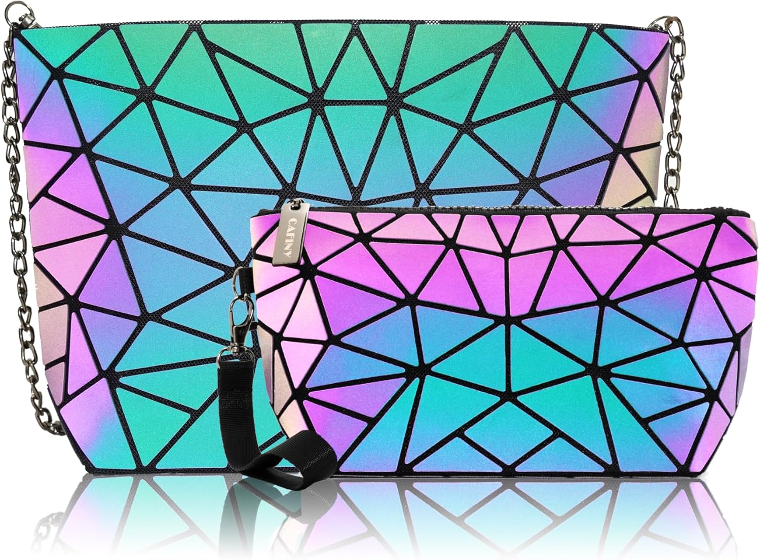 Small Clutch Purses for women Daily Use Geometric Purse for Women Geometric Luminous Purses and Shoulder bags Bags and Holographic crossbody bag SET-A