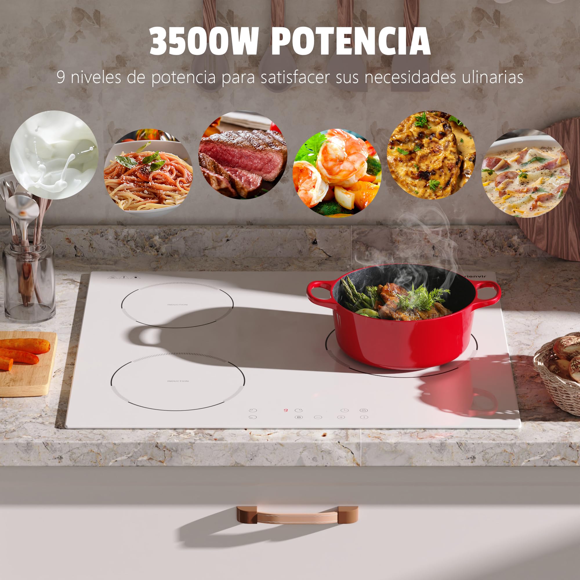 60cm Placa Induccion Blanca 3 Fuegos con Boost, Enchufe, 3500W
