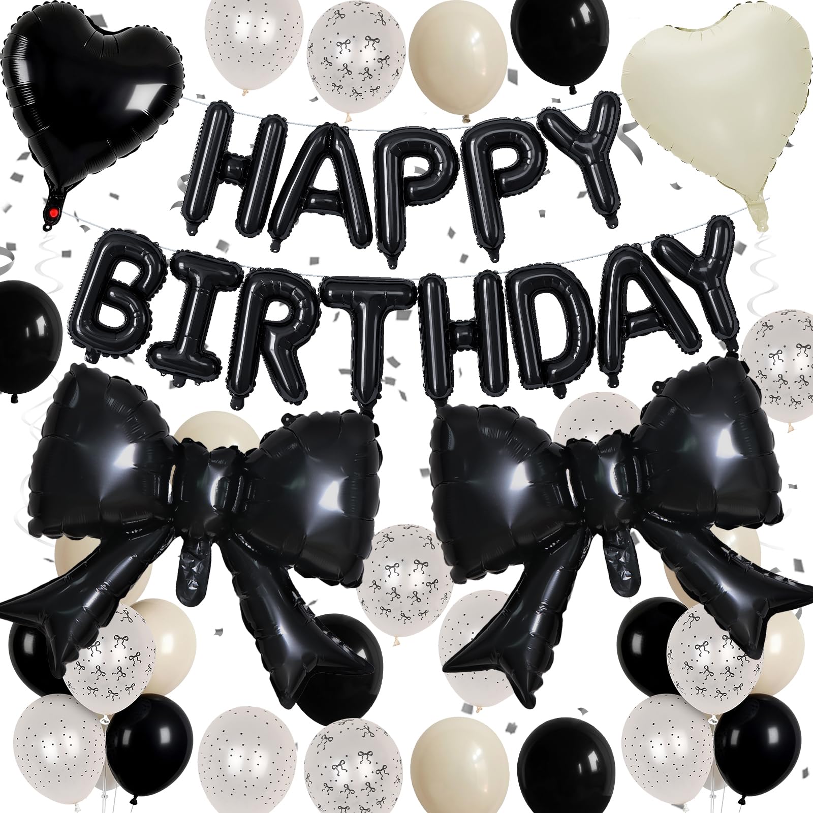 Black White Bow Birthday Decorations Black Sand White Cream Pearl Polka Dot Bows Print Balloon Happy Birthday Banner 38 In Coquette Foil Balloons Heart Balloon for Women Men Bday Party Supplies