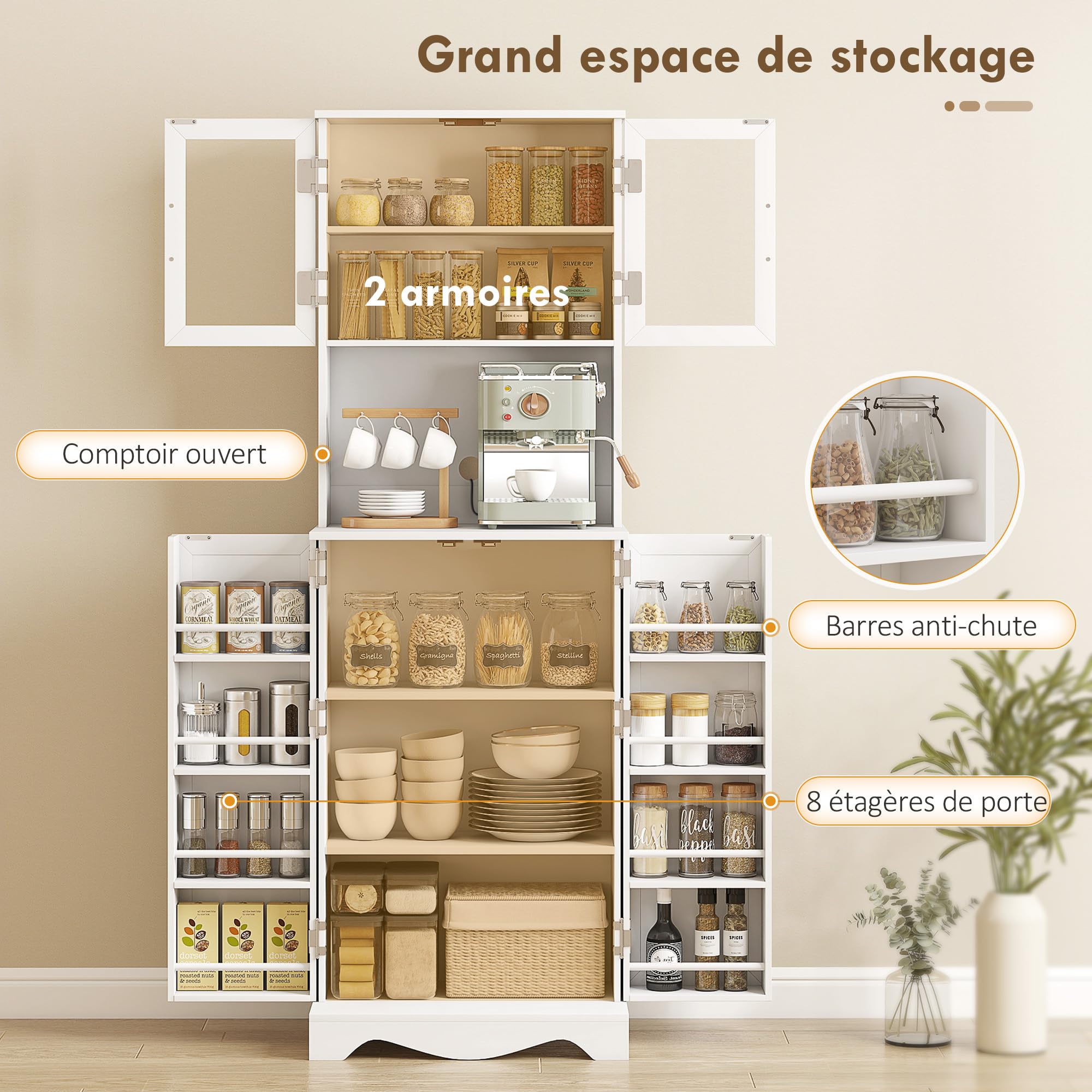 HOMCOM Buffet Haut Cuisine 4 Portes Plan de Travail 60x39,5x179,6cm Blanc