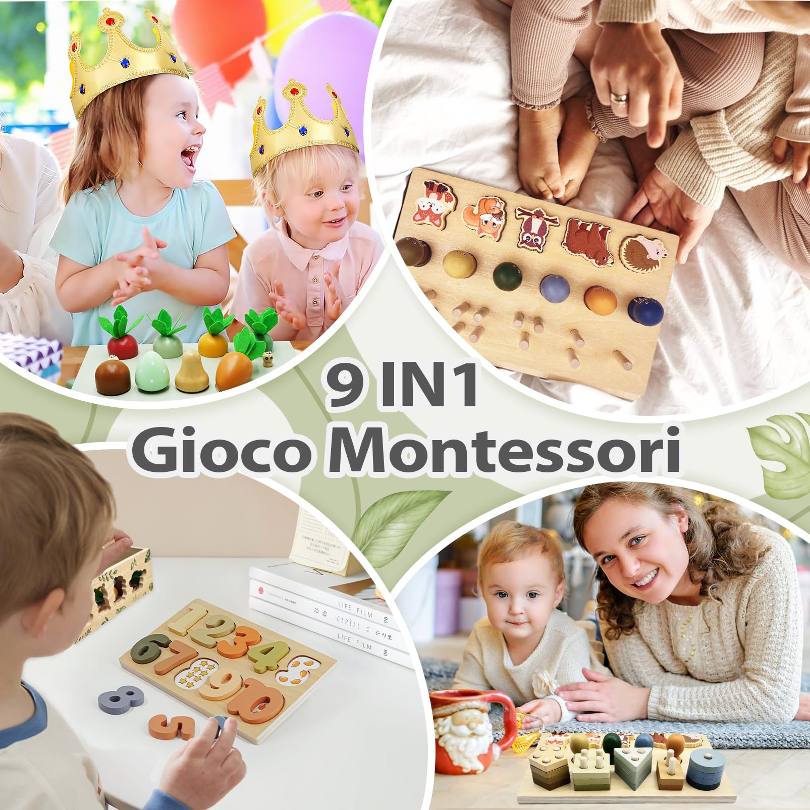Giochi Montessori 1 2 3 Anni, 9 in 1 Giochi di Legno per Bambini 1 Anno, Giocattoli Bambini 123 Anni Montessori Maschio Femmina, Giochi Educativi 1 2 3 Anni Legno, Regalo Bambino Bambina