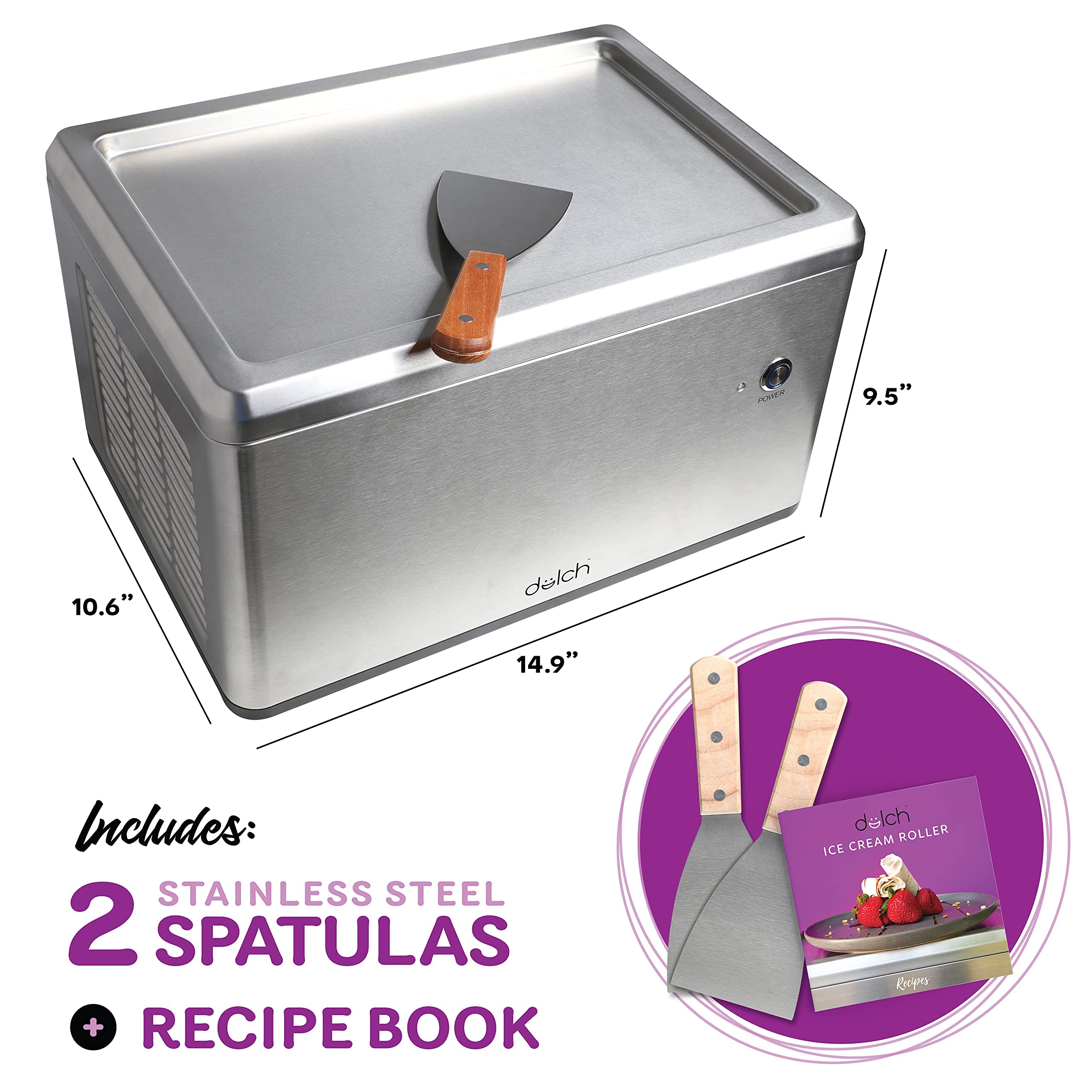 DULCH Rolled Ice Cream Machine with (2) Stainless Steel Spatulas, Electric  Frozen Pan Roller Treat Maker + Recipe Book