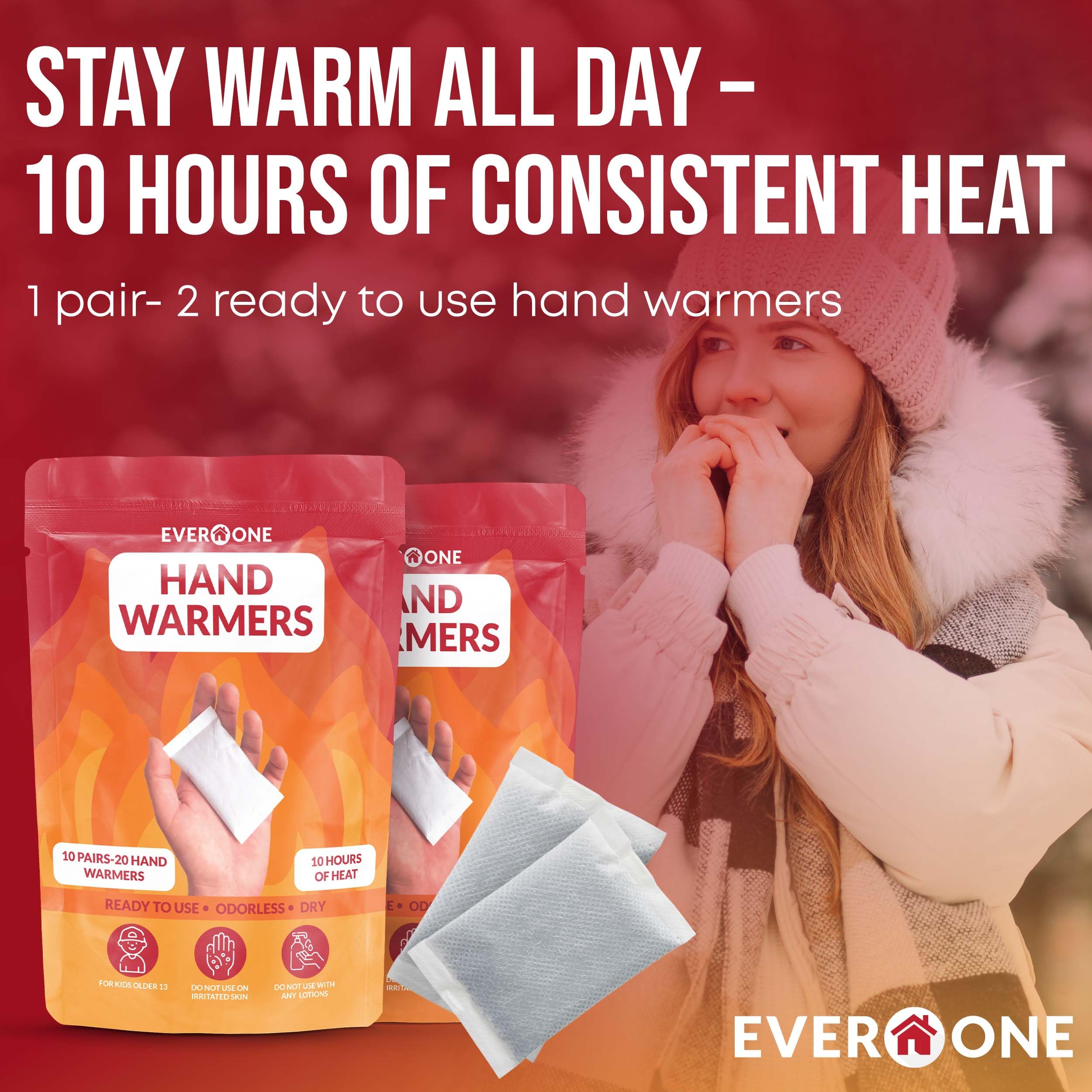 Hand Warmers - Long-Lasting, Safe, Natural, Odorless Air-Activated Warmers - 10 Hours of Heat - 2 Packs of 10 Count (20 Pairs)