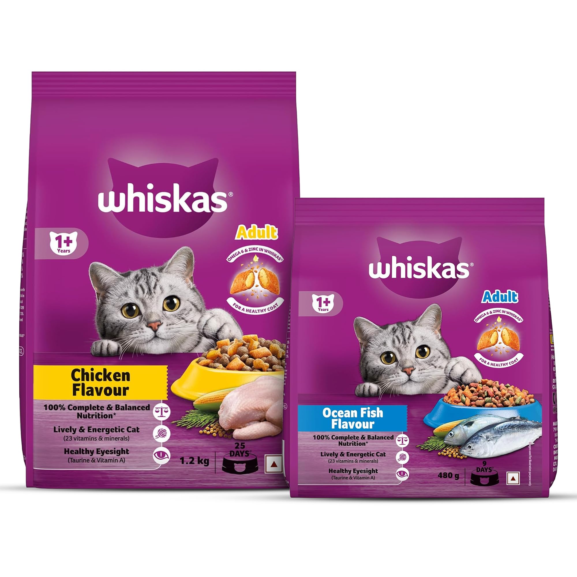 Adult (+1 Year) Dry Cat Food, Chicken Flavour, 1.2kg Pack & Adult (+1 Year) Dry Cat Food, Ocean Fish Flavour, 480g Pack