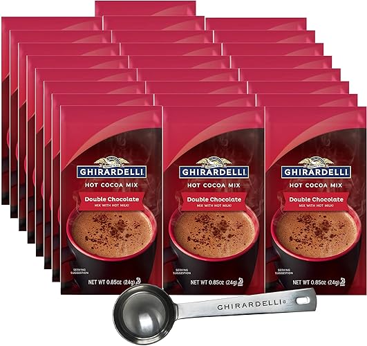 Ghirardelli Double Chocolate Hot Cocoa Mix, 0.85 oz Packets (Pack of 25) with Cocoa Scoop - 17 Ounce (Pack of 1)