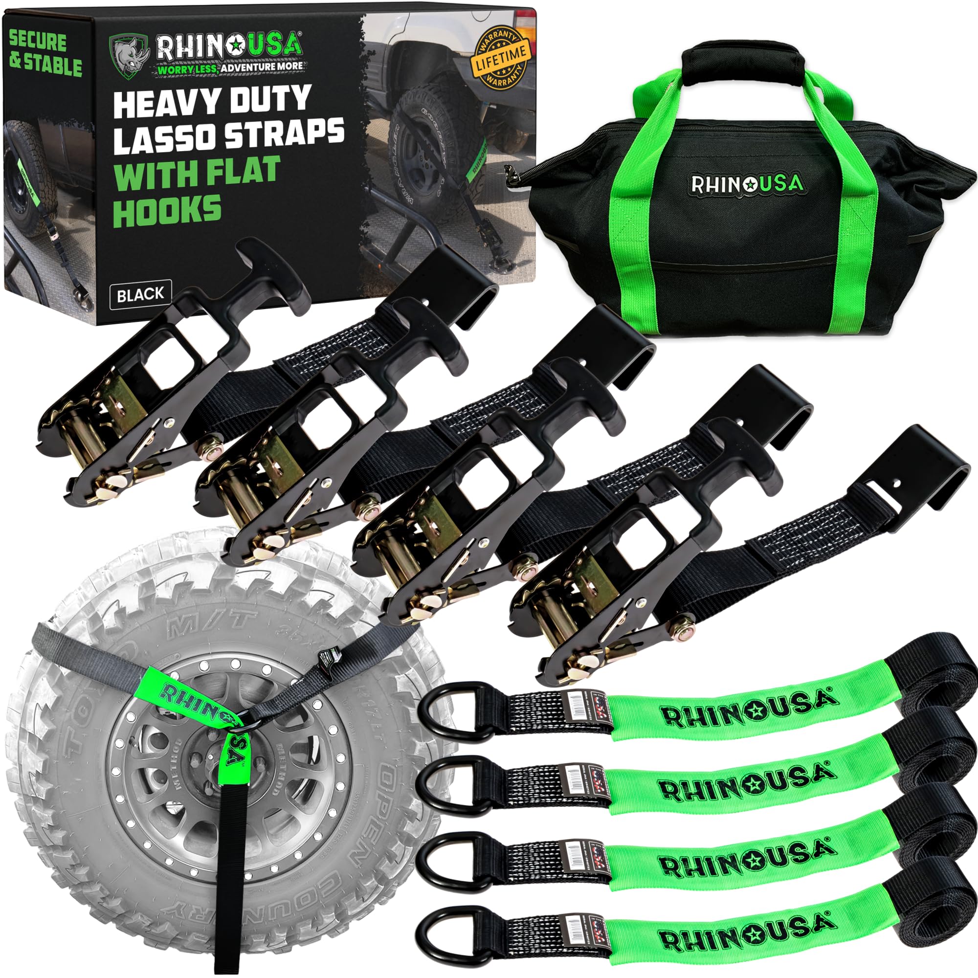 Rhino USA Ratchet Car Tie Down Straps (4PK) - 17,595lb Max Break Strength, Includes (4) 2 Inch x 96 Inch Reinforced Lasso Strapes - Heavy Duty Tire Strap Tie Downs for Truck, Cars, Trailer & More!