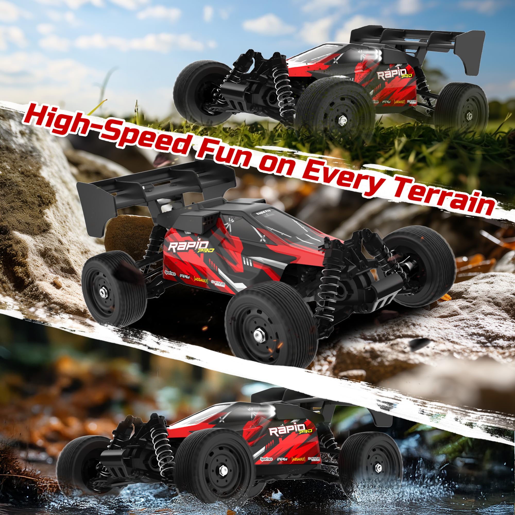 DEERC Ferngesteuertes Auto 1:16 Bürstenloser Motor 50 km/h, 2WD Schnelles Offroad Auto mit 2 Akkus & LED-Licht, RC Auto für Erwachsene und Kinder, Geschenk zu Weihnachten und Geburtstag