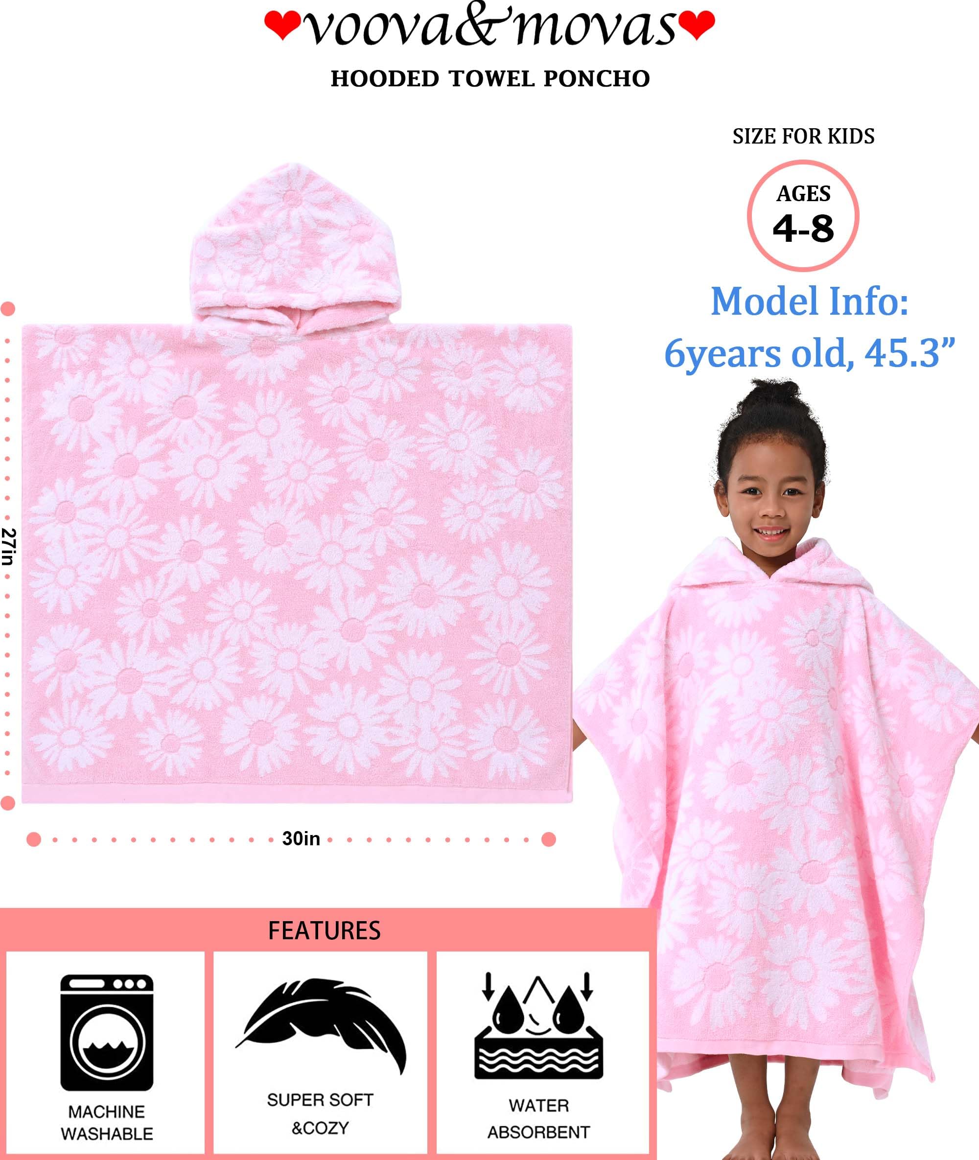 VOOVA & MOVAS Dickes Badetuch mit Kapuze für Kinder (137,2 x 76,2 cm) – weiche, saugfähige türkische Baumwolle, Bademantel, perfekt für Badezimmer, Pool, Schwimmen, Jacquard, Rosa mit weißem