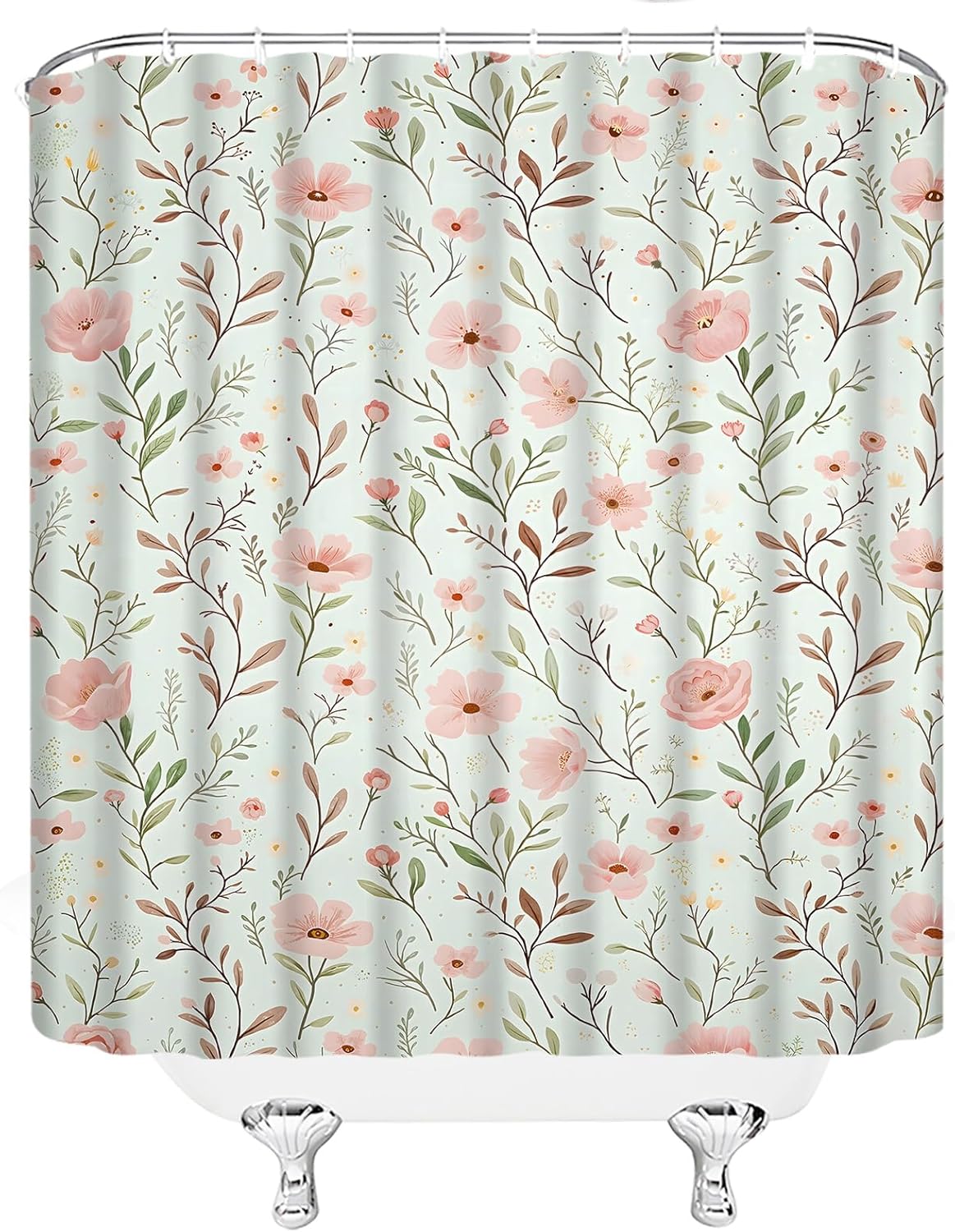 Sage Green Pink Extra Long Shower Curtain,Floral Leaf Boho Flower Bathroom Home Curtain Decor with Hooks,70x84 Inch