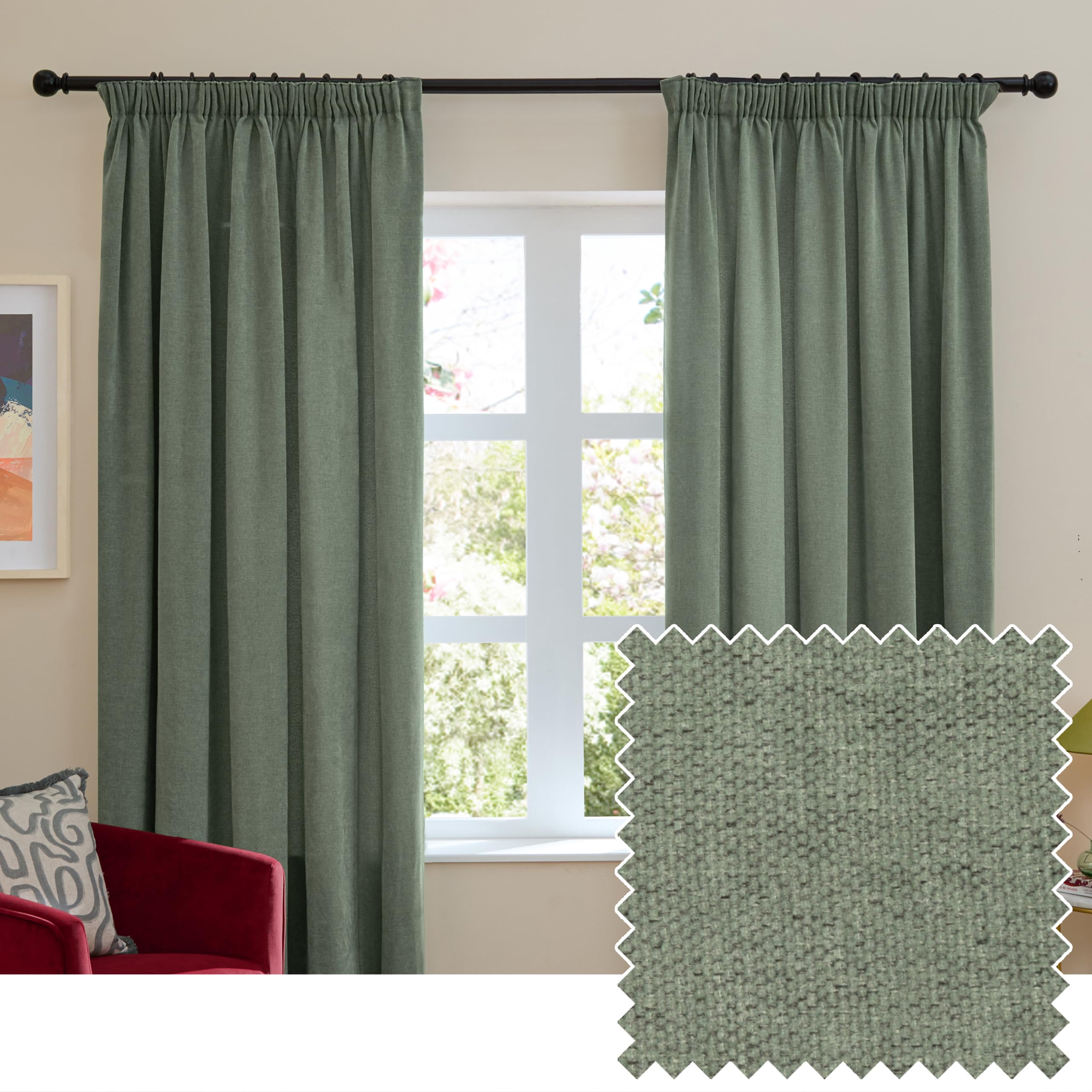 Furn Soft Chenille Blackout Pencil Pleat Curtain Pair in Green | Size: 117cm width x 183cm drop