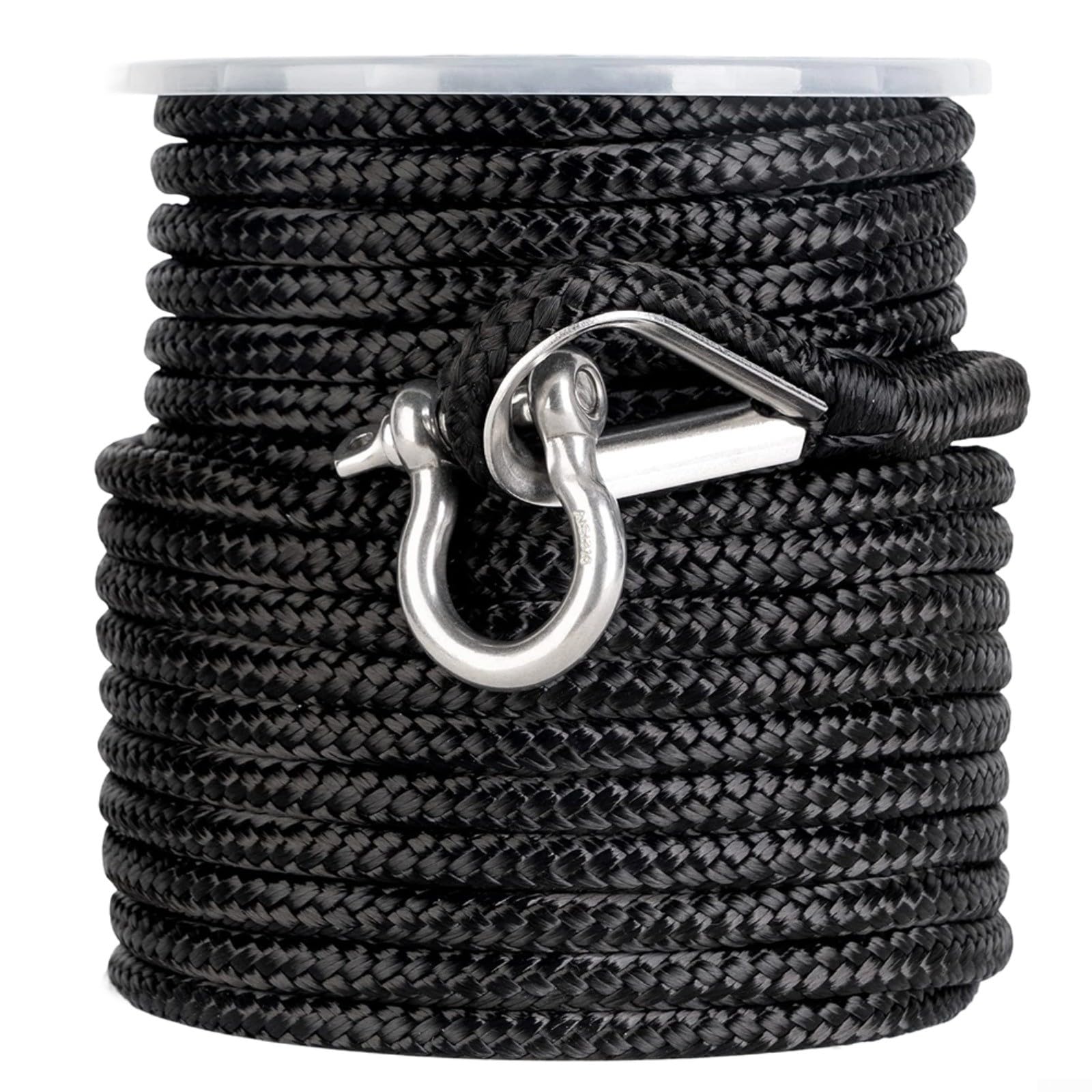 Entgoinggo Nylon para línea de anclaje trenzada, con dedal de acero inoxidable 316, para amarre y atraque en entornos marinos de agua salada (100 pies negro + arco)