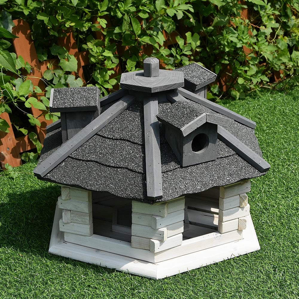 Melko Vogelhaus Vogelfutterhaus 6-eckig 48x48x33 cm Holz mit Futterspender | Dach mit Bitumenschindeln, vorbehandeltes Fichtenholz, 3 Anflugstege, Futter vor Wind und Regen geschützt, in Weiß und Grau