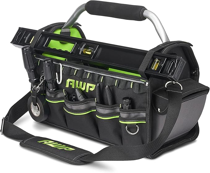 AWP 18" Pro Tool Tote Water Resistant Tool Bag with Rotating Handle, Removable Shoulder Strap
