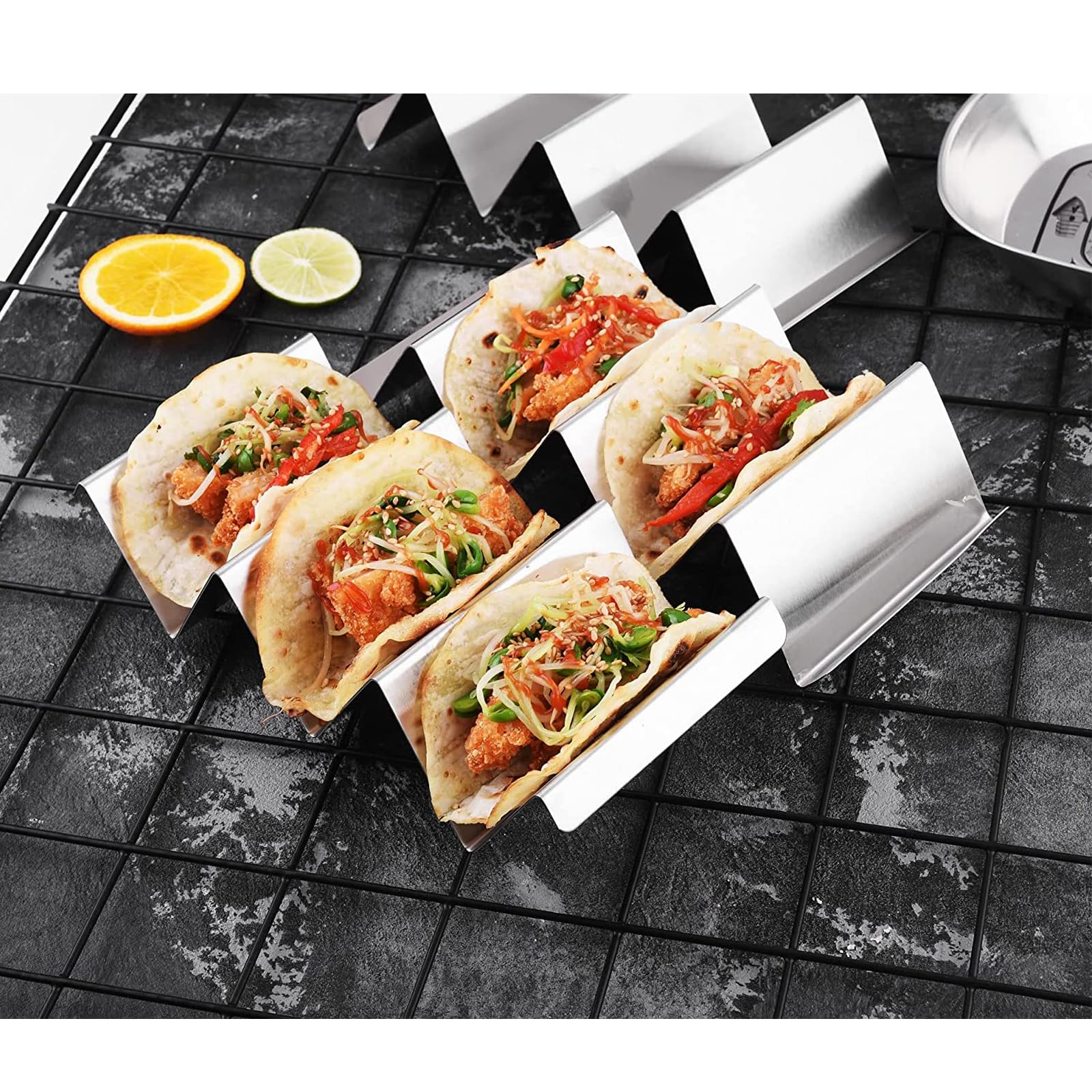 Porte-Tacos,2 Support à Tacos en Acier Inoxydable avec Poignées, Type W Peut Contenir 3 Tacos,pour Restaurant, Maison, Fête, Pique-Nique (Argent Métallique)