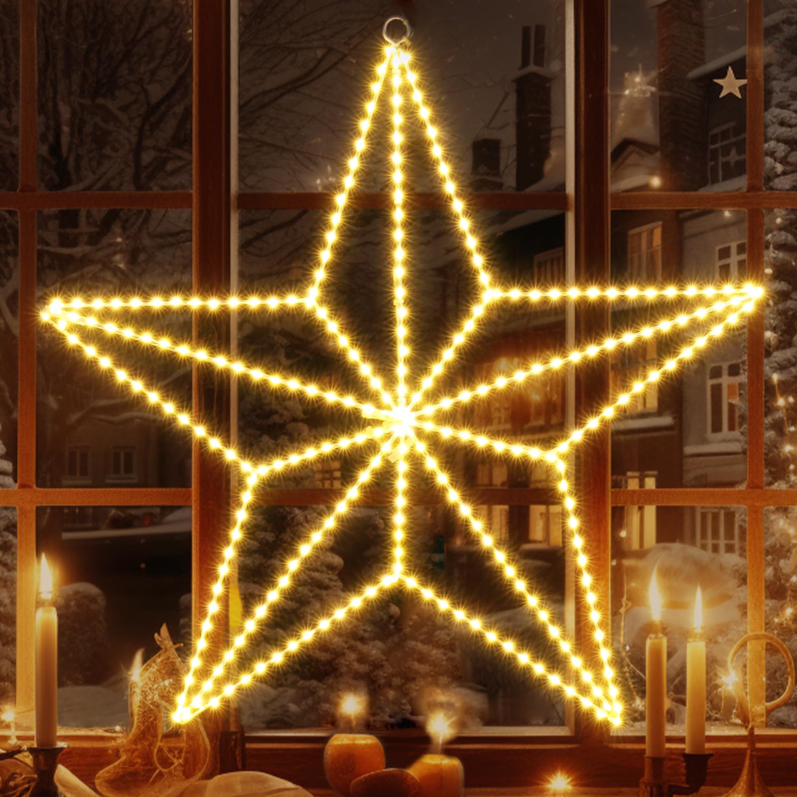 Quntis 50cm 282 LED Weihnachtsstern beleuchtet, 3D Große Weihnachtsdeko Strombetrieb Warmweiß, Stern Fensterdeko faltbar, Weihnachtsbeleuchtung Innen Außen für Fenster Wand Tür Balkon Terrasse Garten