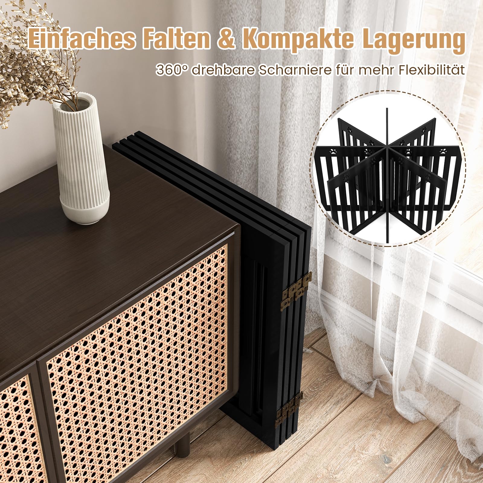 COSTWAY Absperrgitter Hunde, Schutzgitter Holz, Kindergitter klappbar, Treppengitter 60cm Hoch, Hundeabsperrgitter flexibel Türschutzgitter (4 Paneelen, Braun)