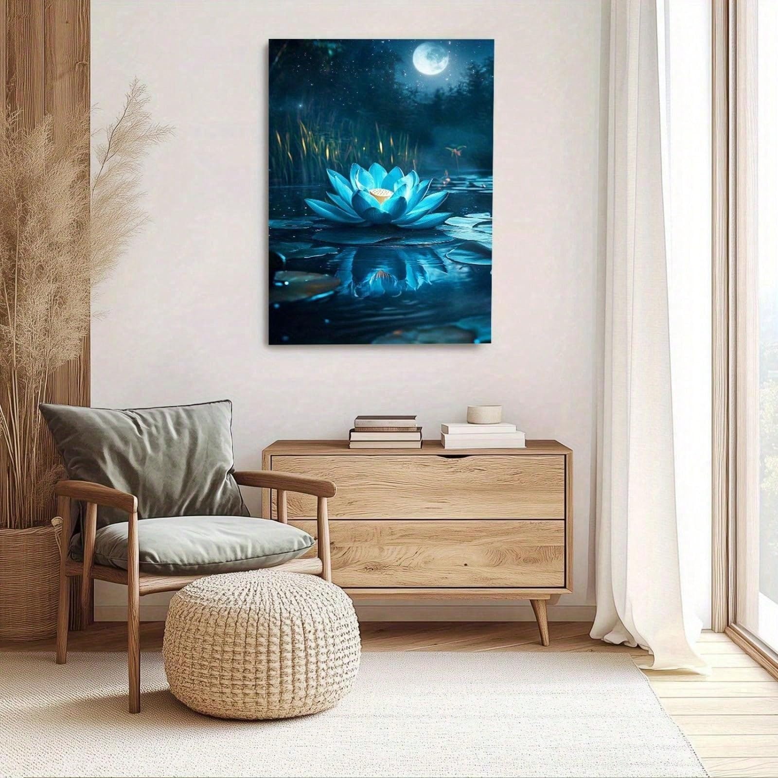 AIHNBF Mistico fiore di loto blu chiaro di luna laghetto stampa su tela incandescente ninfea notte natura paesaggio pittura zen meditazione decorazione per soggiorno camera da letto 80 x 120 cm