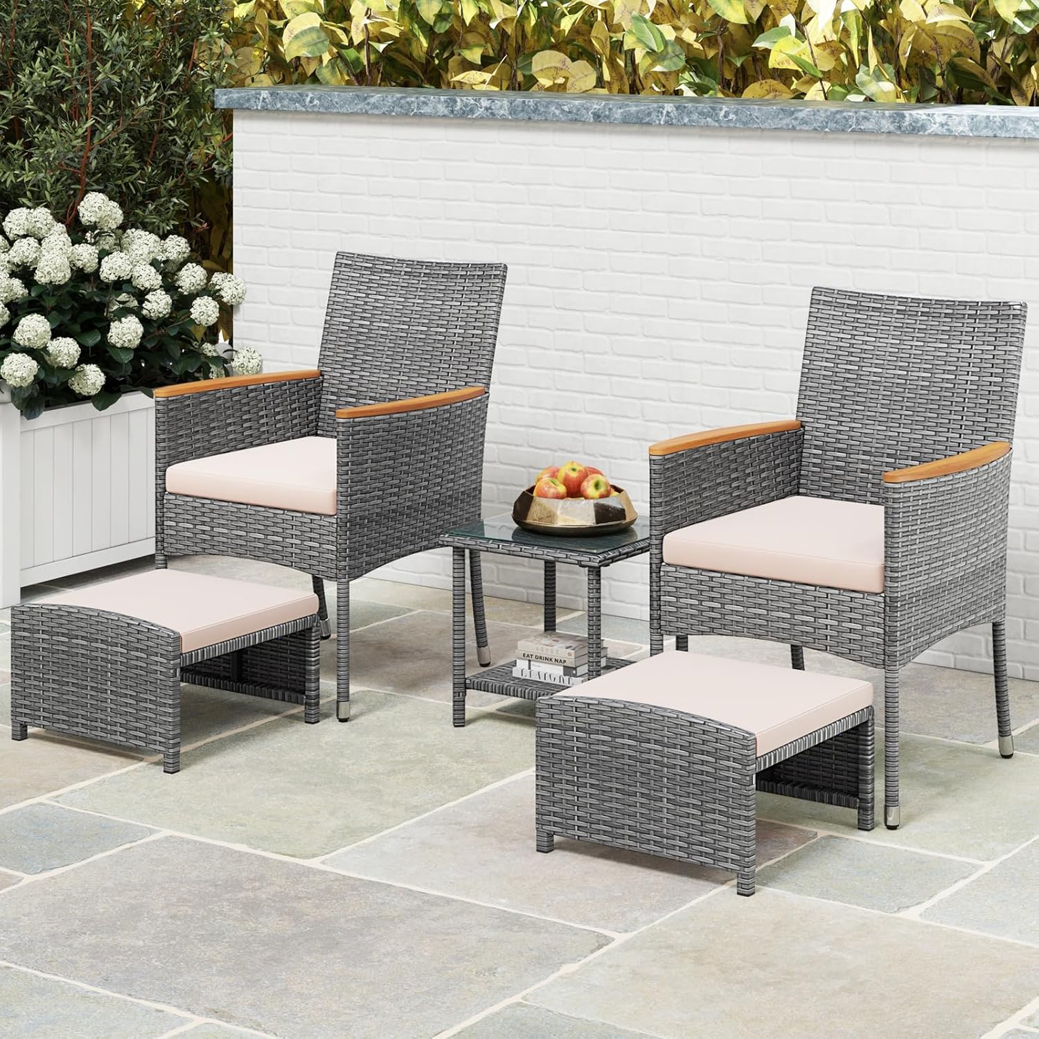 Tangkula 5 Pieces Patio Conversation Set, Outdoor PE Rattan Chairs with Soft Cushions, Ottomans & Tempered Glass Top Table, Acacia Wood Armrests, Patio Furniture Set (Mix Grey+Beige)