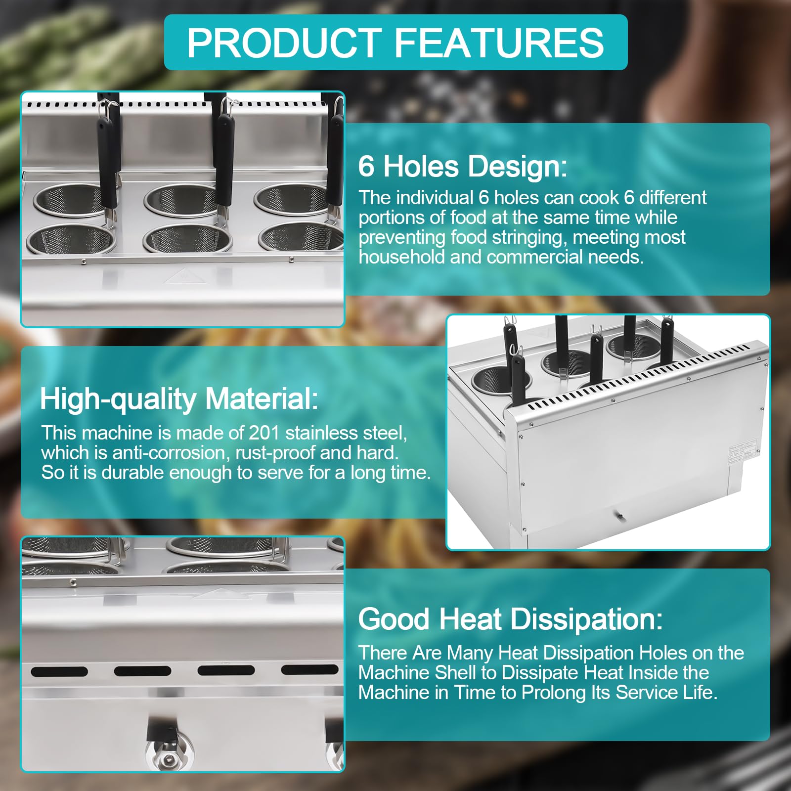 6 Holes Commercial Noodle Cooking Machine LPG Propane Gas Noodle Pasta Desktop Cooker Ramen Cooker Kitchen Stainless Steel Noodle Machine for Restaurants (Commercial Noodle Cooking Machine)
