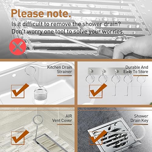 Miniatura 2 de Ganchos de elevación para llaves de drenaje, paquete de 5 extractores de rejilla de drenaje de acero inoxidable 304, llave de elevación para una