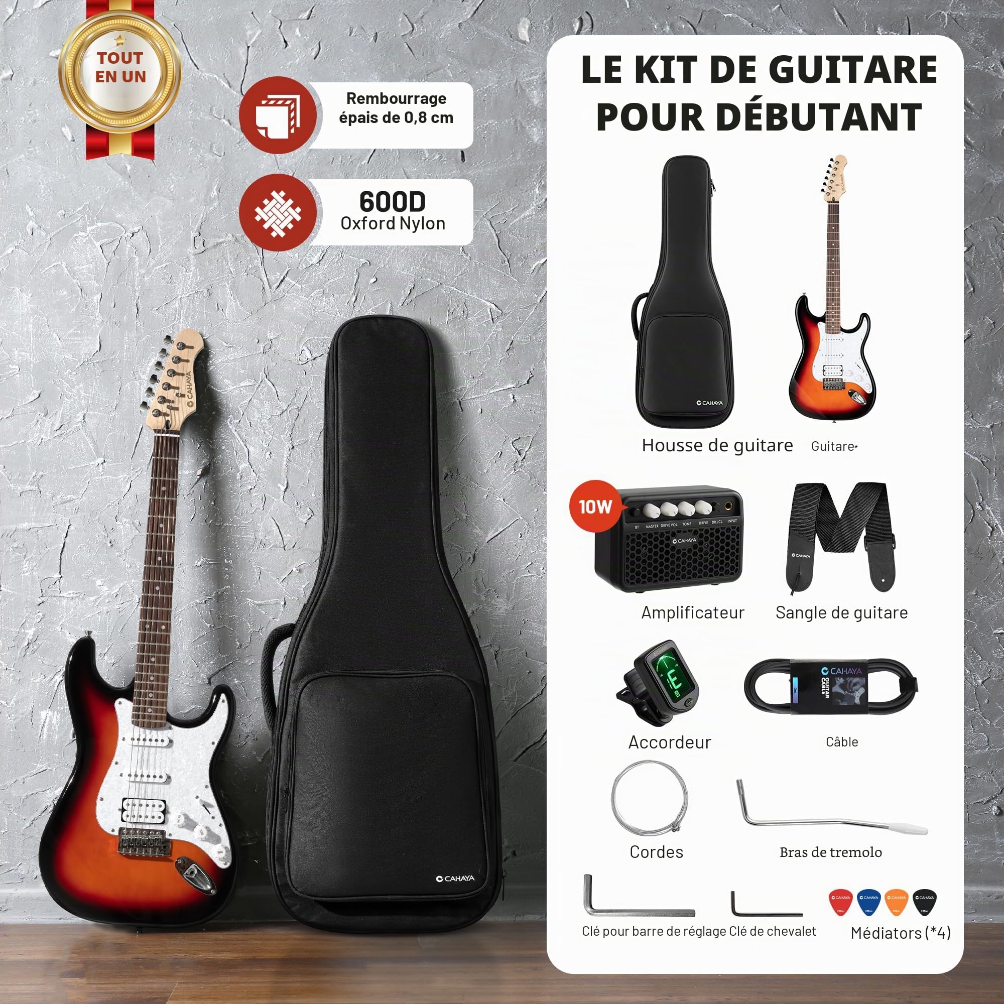 CAHAYA Guitare électrique de 39 pouces: guitare électrique ST avec 3 micros (S-S-H), inclut étui, amplificateur, accordeur, barre whammy et 4 médiators