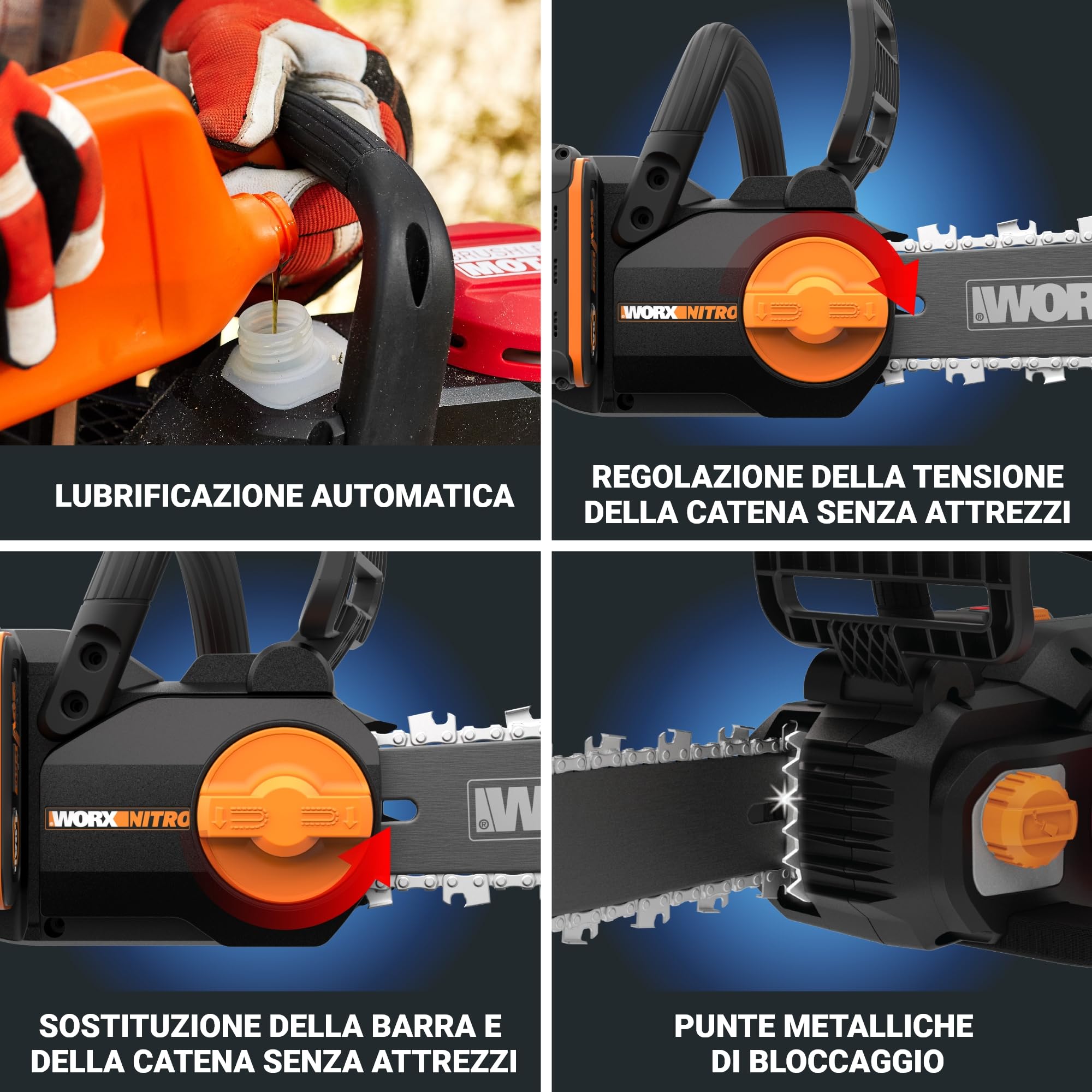 WORX Nitro WG350E motosega a batteria 20 V – potente sega per legno – 10 m/s – lunghezza di taglio 30 cm – compatta e sicura – lubrificazione automatica
