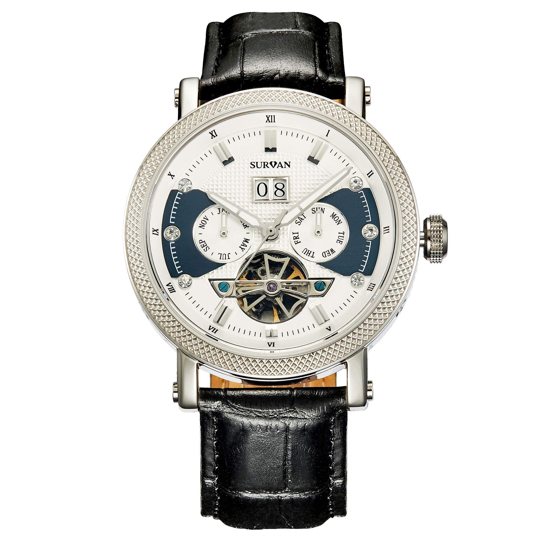 SURVAN WatchDesigner Automatic Watches for Men, Genuine Leather Strap Mechanical Watch, Men’s Skeleton Watch, Stainless Steel Case