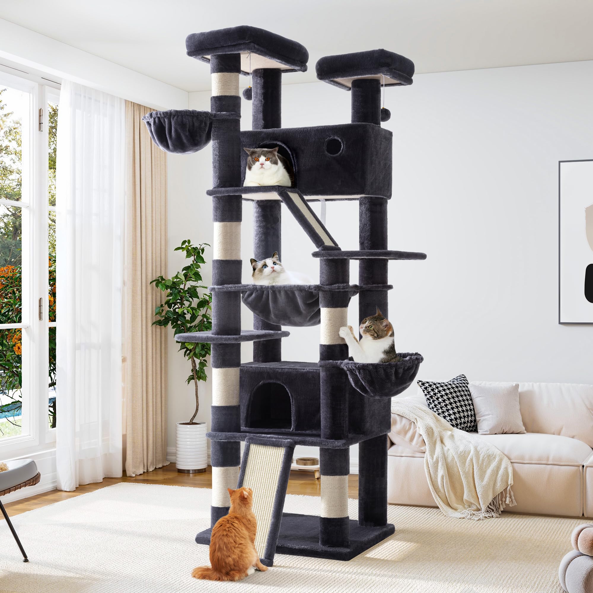 Allewie 81 Inches Tall Cat Tree/Multi-Level Large Climbing Tree House and Towers for Big Feline/Condo and Hammock/Scratching Post/Wide Base/Dark Grey