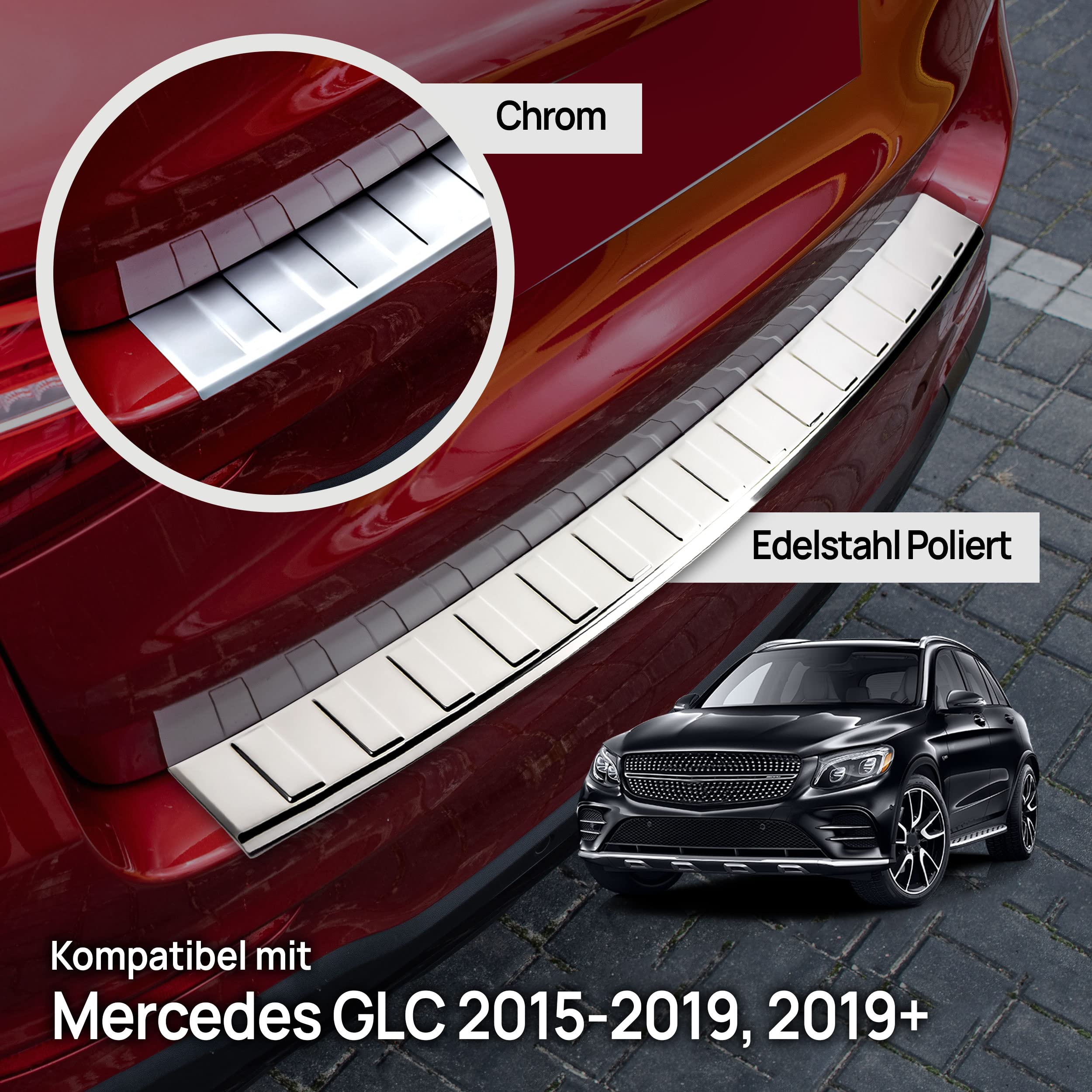CHROMEMASTER | Ladekantenschutz Stoßstangenschutz | Kompatibel mit Mercedes GLC X253 2015-2022 | Edelstahl Poliert/Chrom | Lackschutzleiste Sichert den Heckstoßfänger vor Kratzern