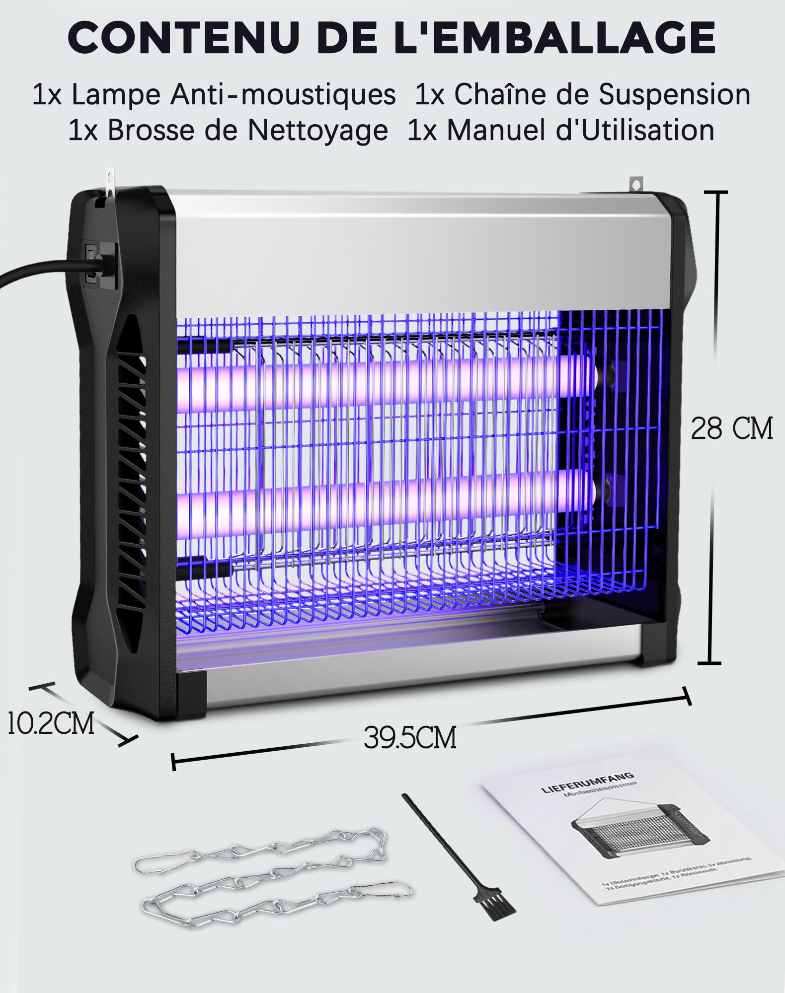 Lampe Anti Moustique, 20W Tueur de Mouches 2500V, Couverture 100㎡ Destructeur d'insectes électrique avec Ignifuge V0, Piège à Moustiques Silencieux pour Intérieur, Chambre, Maison, Cuisine, Bureau
