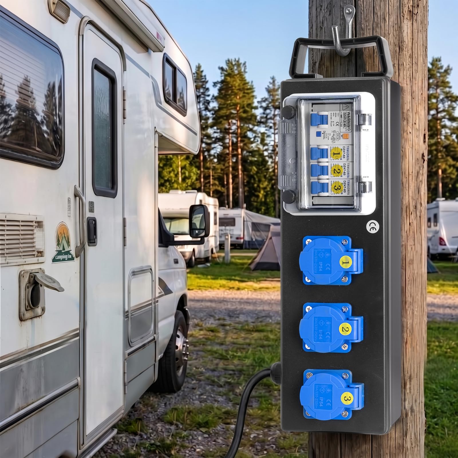 Tragbarer Stromverteiler mit 3P CEE-Stecker und 2m kabel - Baustromverteiler mit Leitungsschutzschalter - CEE Steckdose Verteiler mit 3X 250V/16A Schuko für Baustellen, Wohnwagen, Wohnmobile