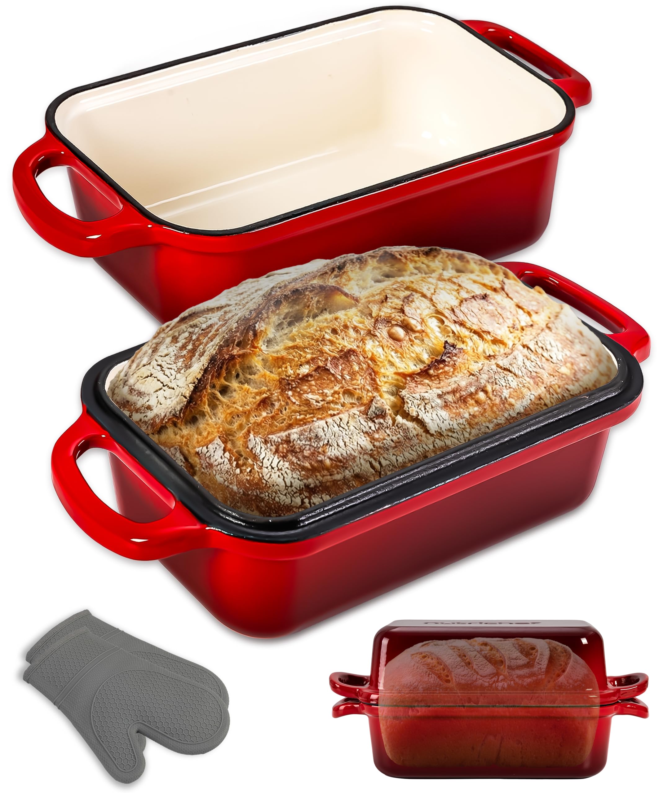 NutriChef Moule à Pain en Fonte Émaillée avec Couvercle - Cocotte Rectangulaire Dutch Oven pour Pain Levain, Double Moule Réversible, Four 260°C, Gants Silicone, Lasagne, Ragoût, Cake, 23x13 cm
