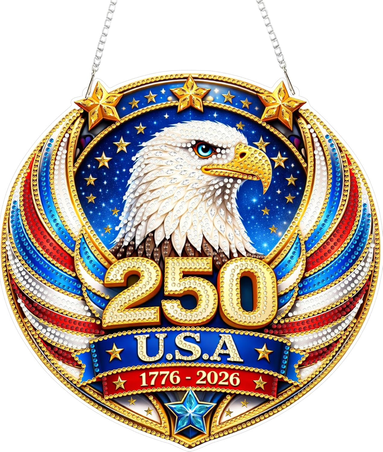 Eiflow Acrylic Diamond Art Hanging Kit for Adults 1776-2026 USA Anniversary, DIY Patriotic Diamonds Painting Door Hanger Board Kit, Acrylic Diamond Art Painting Pendant Ornament (250 Eagle)