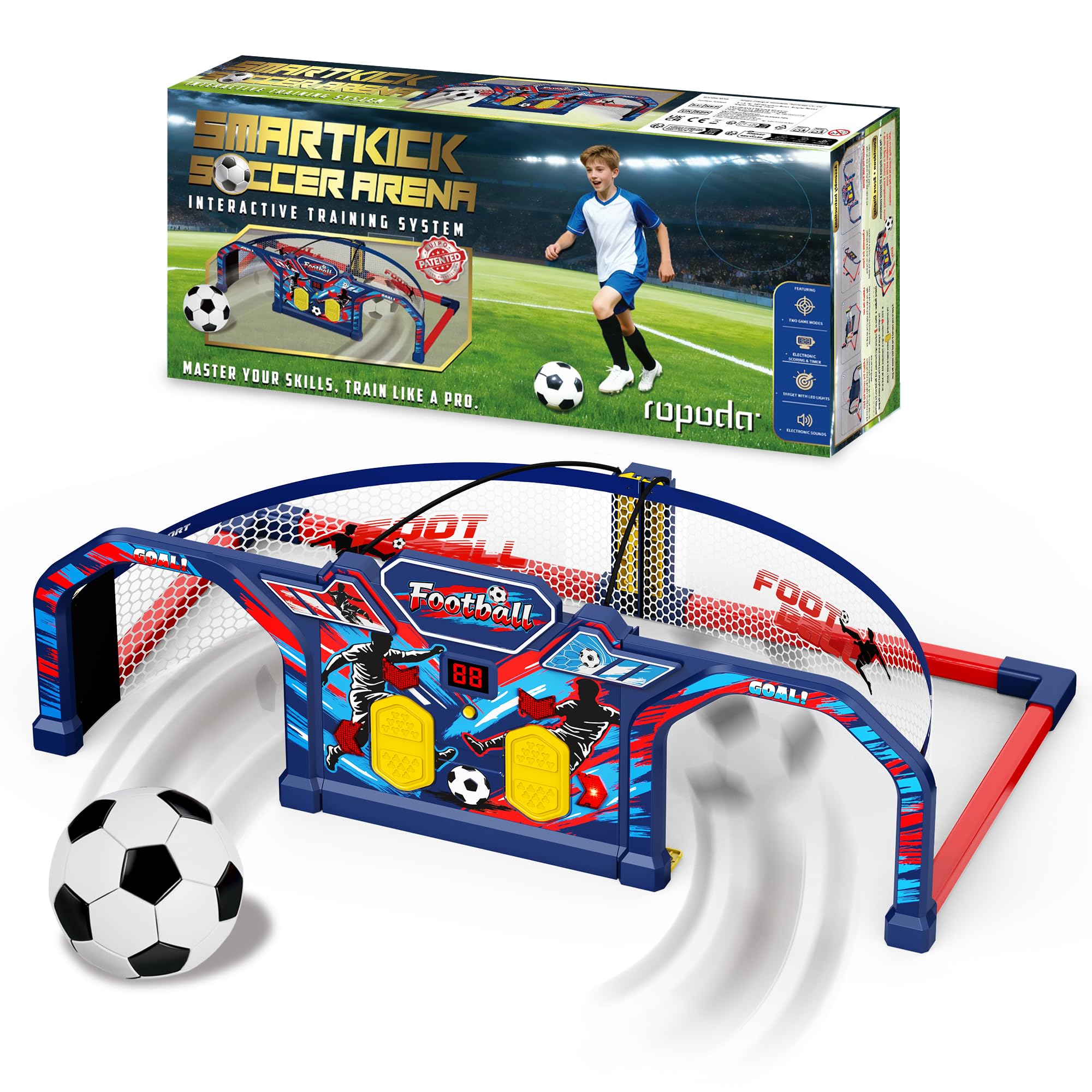 ROPODA Fußball Geschenke Jungen, Interaktives Fußball Spielzeug für Kinder mit 3 Spielmodi, Sounds&Anzeigetafel, Fussball Training Spiele für Garten Indoor Outdoor, Geschenke für Mädchen ab 3+,Wm 2026