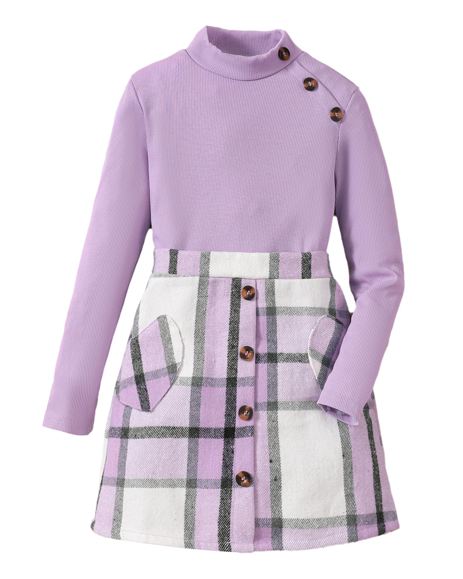 YOURUIKEY Girls Plaid Skirt Set Fall Winter Clothes 2 Piece Outfits 8-12Y