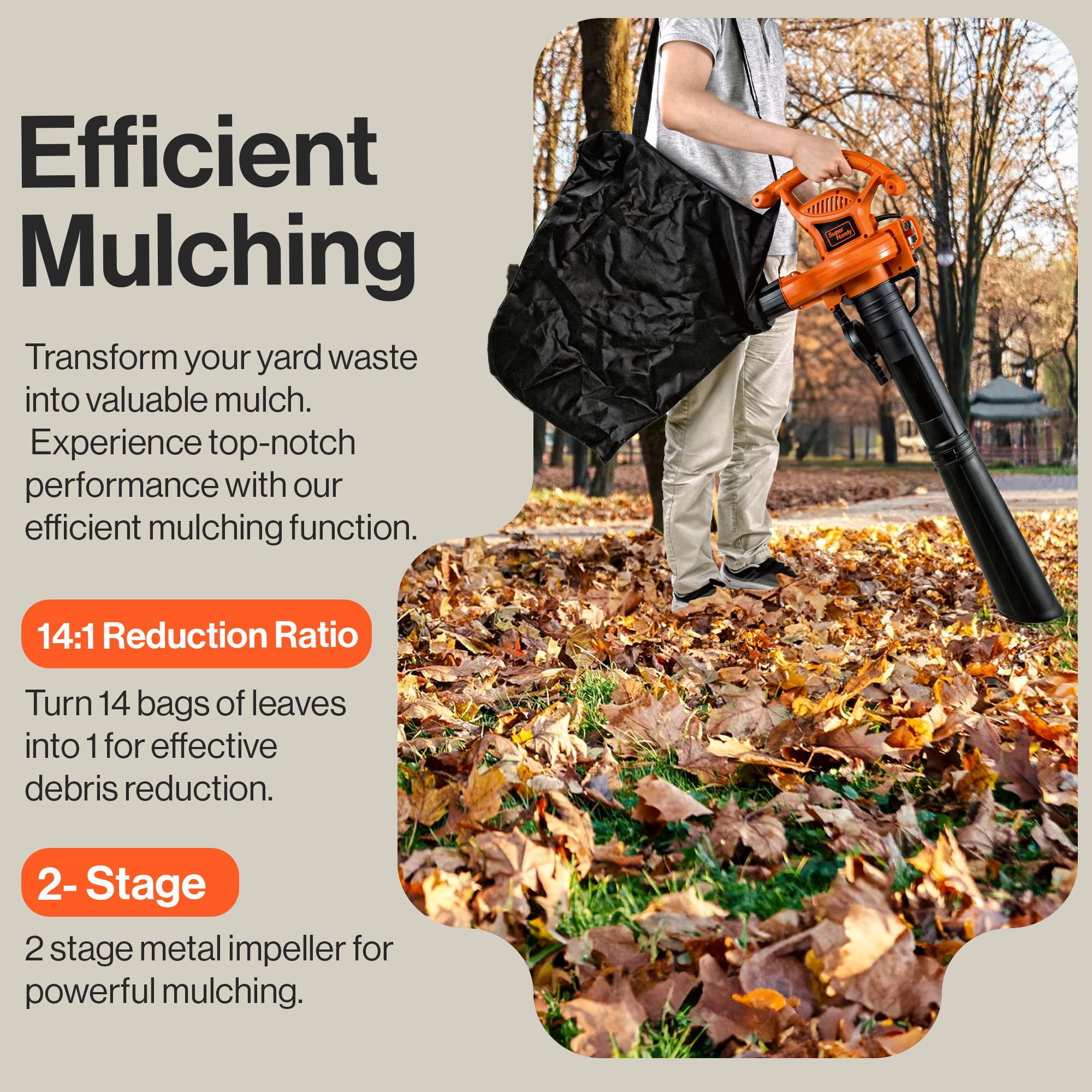 SuperHandy Soplador de hojas 3 en 1, vacío y mulcher eléctrico 230V 3000W con cable plumero de 270 KM/H máximo 10:1 relación de reducción 2 etapa 6 velocidad variable ligero césped y jardín paisajismo