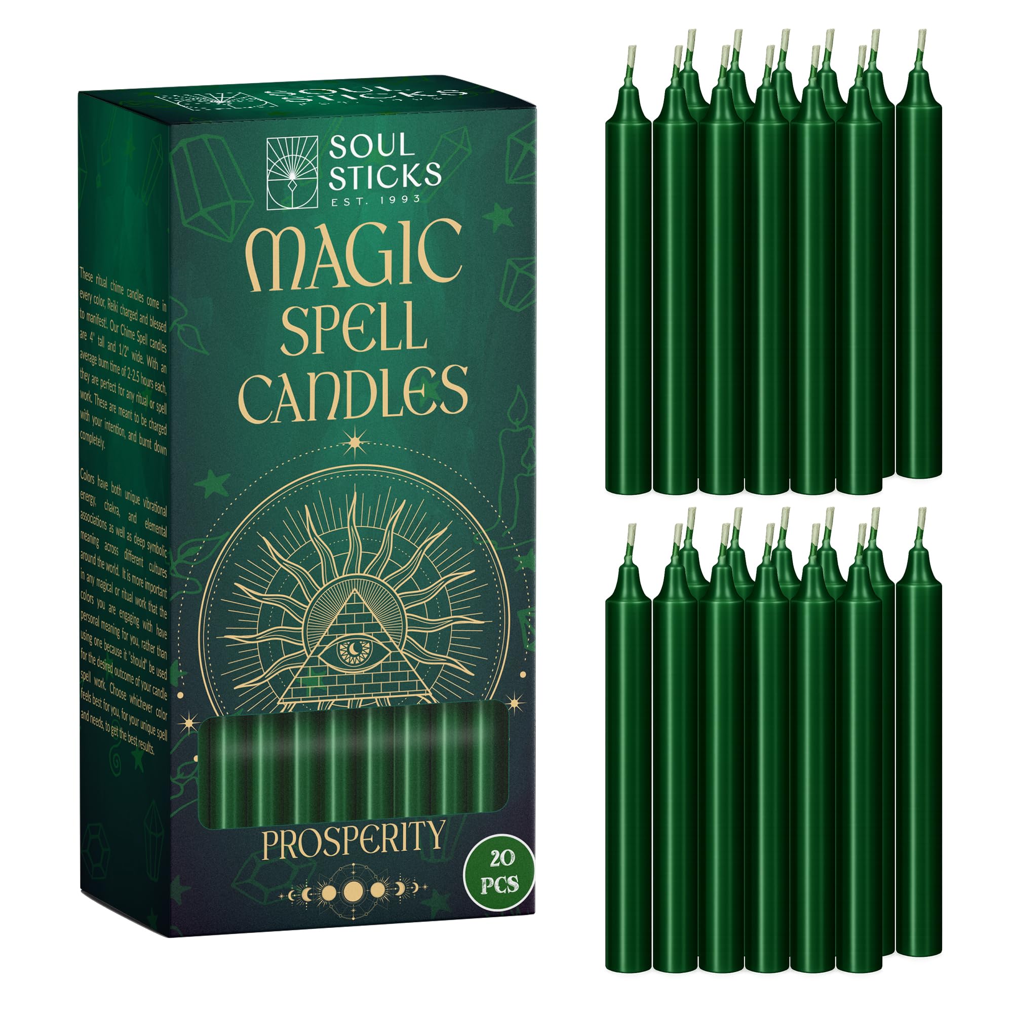 SOUL STICKS Prosperity Magic Spell Chime Taper Candles 20 Pack - Ideal for Altar, Rituals, Ceremonies, Meditation Green Unscented Candle Sticks for Witchcraft Supplies, Wiccan Supplies and Tools