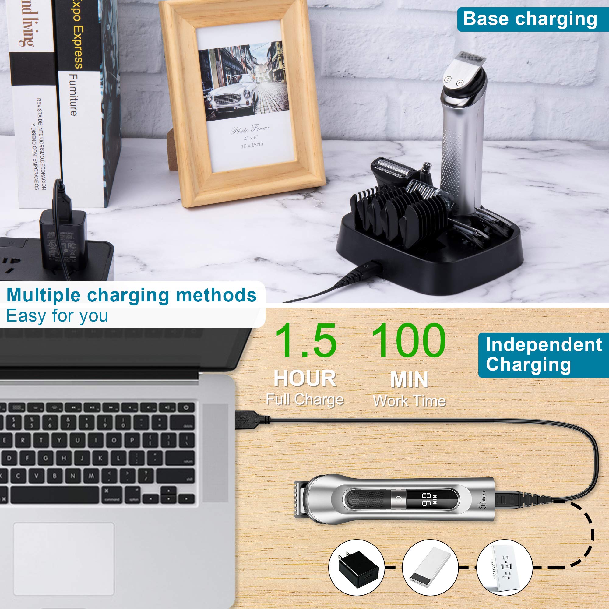 Hatteker Kit da taglio 5 in 1, per capelli, baffi e naso da uomo, senza fili, ricaricabile USB, impermeabile (argento)