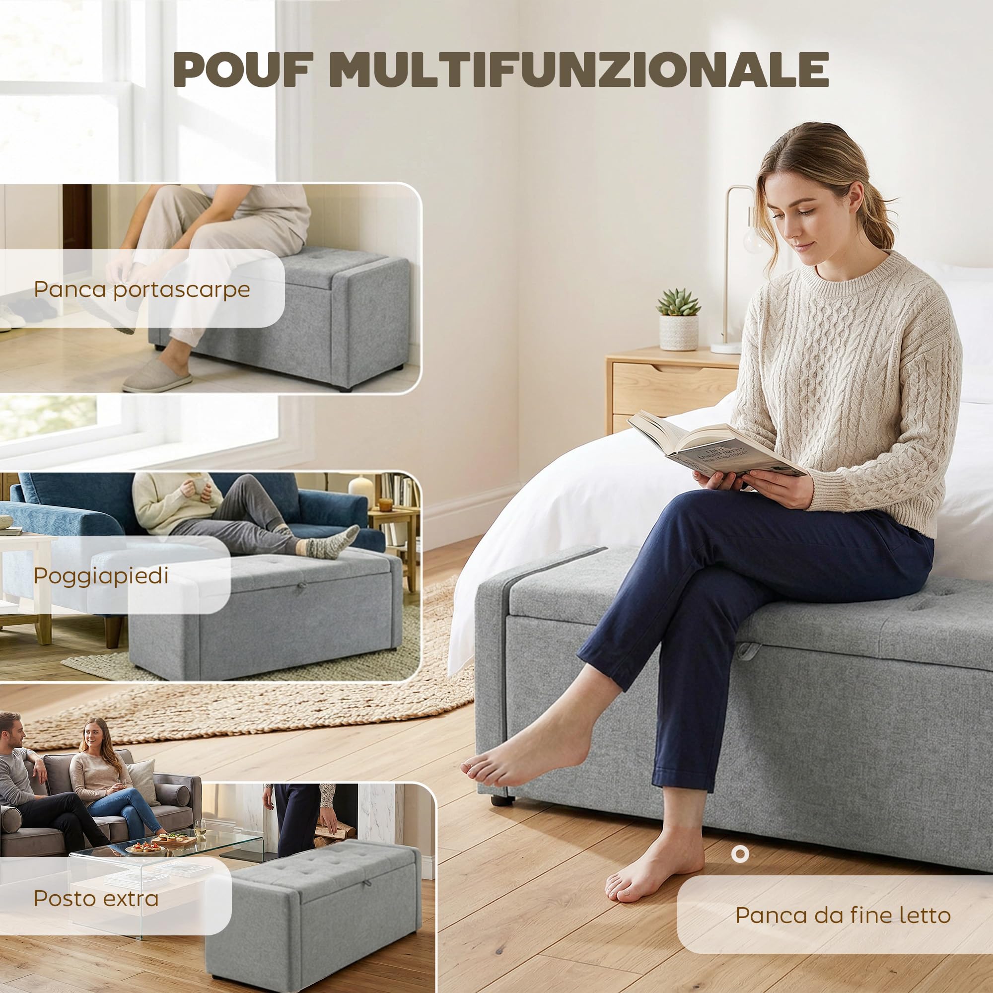 HOMCOM Cassapanca 142L Pouf Contenitore Poggiapiedi Grande 122x48x44cm, Seduta Imbottita 2 Posti, Panca Contenitore Effetto Lino, Struttura in Legno, 200 kg, Camera da Letto, Soggiorno
