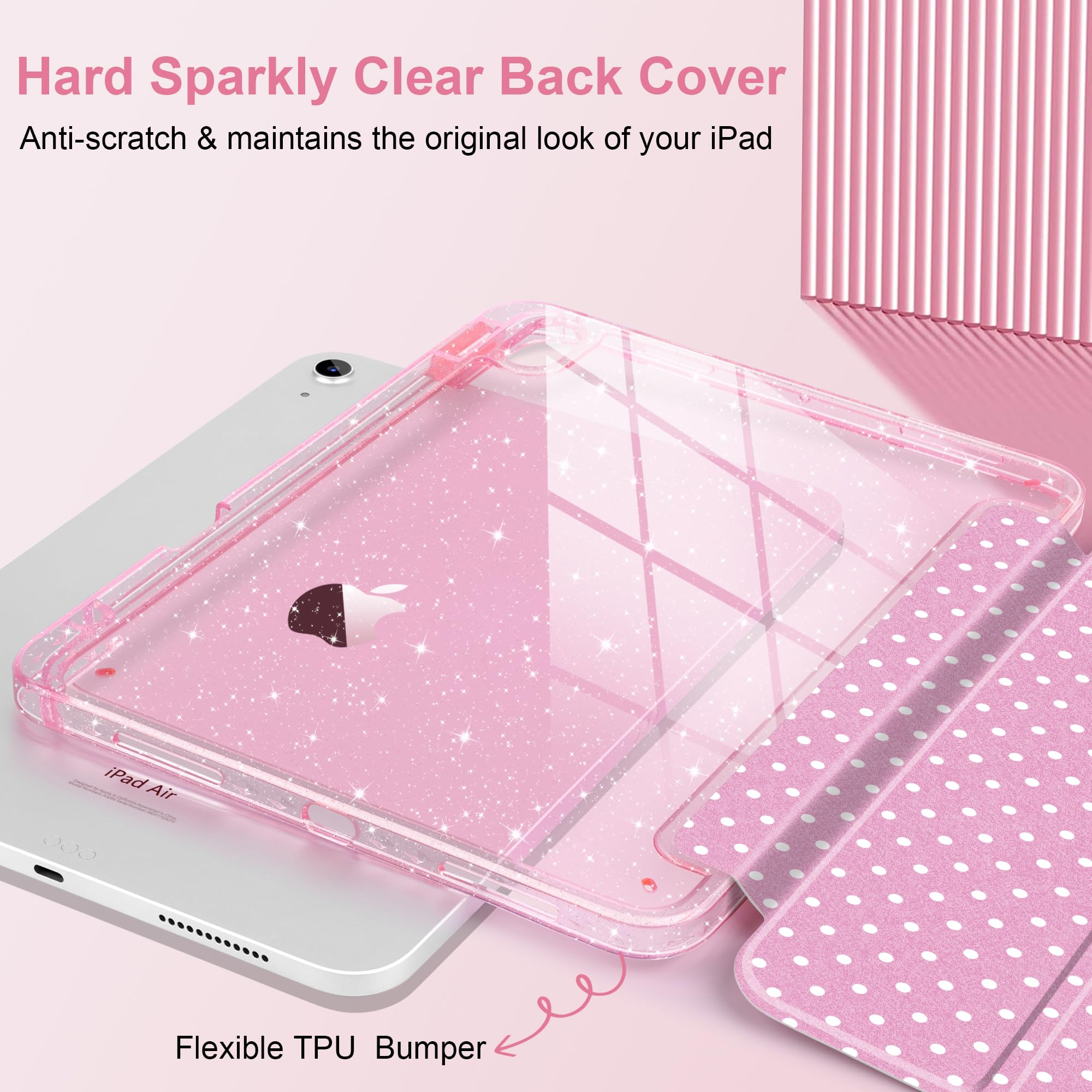 MEEgoodo Custodia per iPad Air 13" 2026 (M4) / 2025 (M3) / 2024 (M2), custodie per tablet glitterate con retro in acrilico trasparente + supporto a tre pieghe + portapenne, accensione e spegnimento