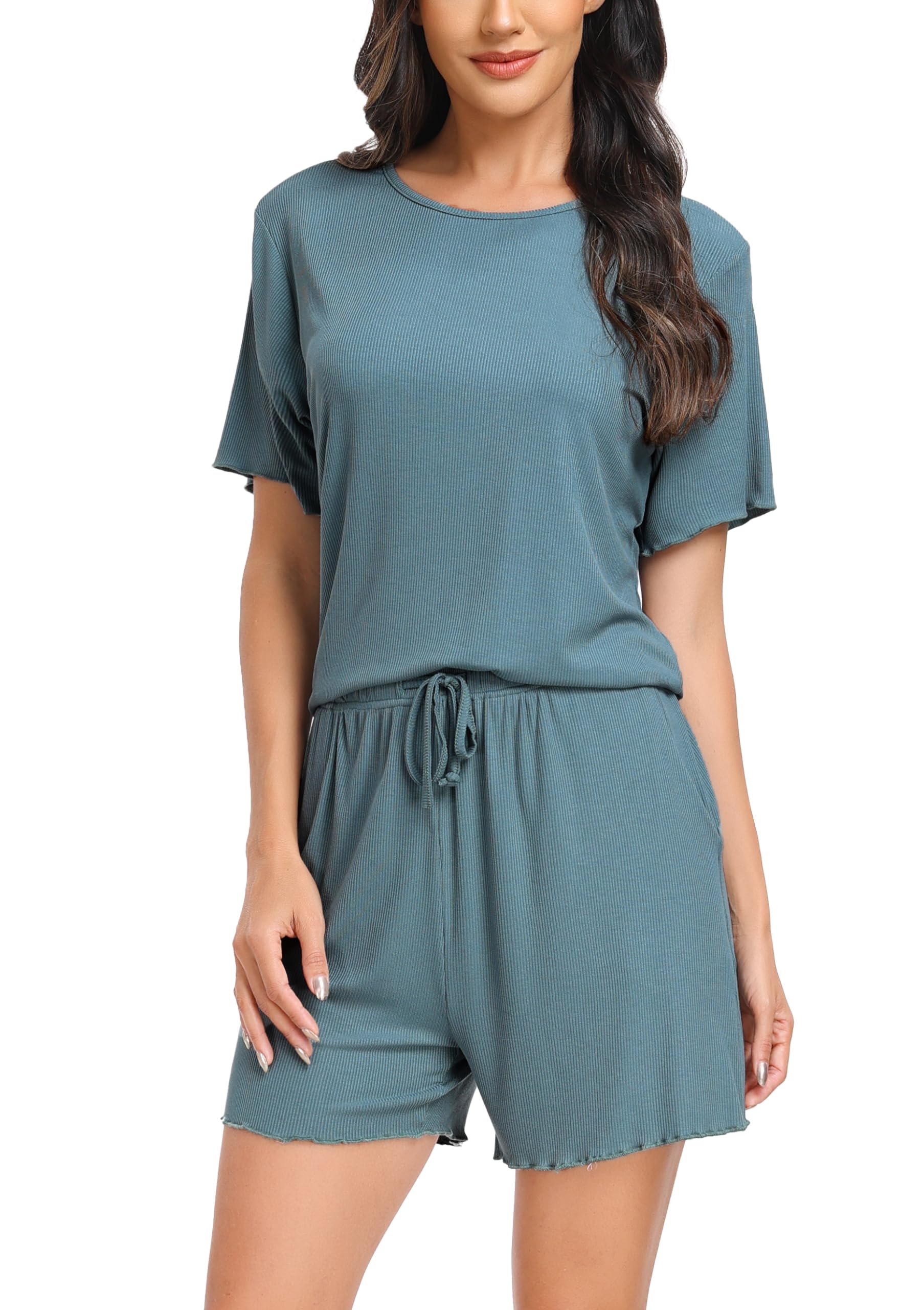Vlazom Damen Schlafanzug Kurz Nachtwäsche Unifarbenes Pyjama-Set mit Rundhalsausschnitt mit Rüschensaum Sommer