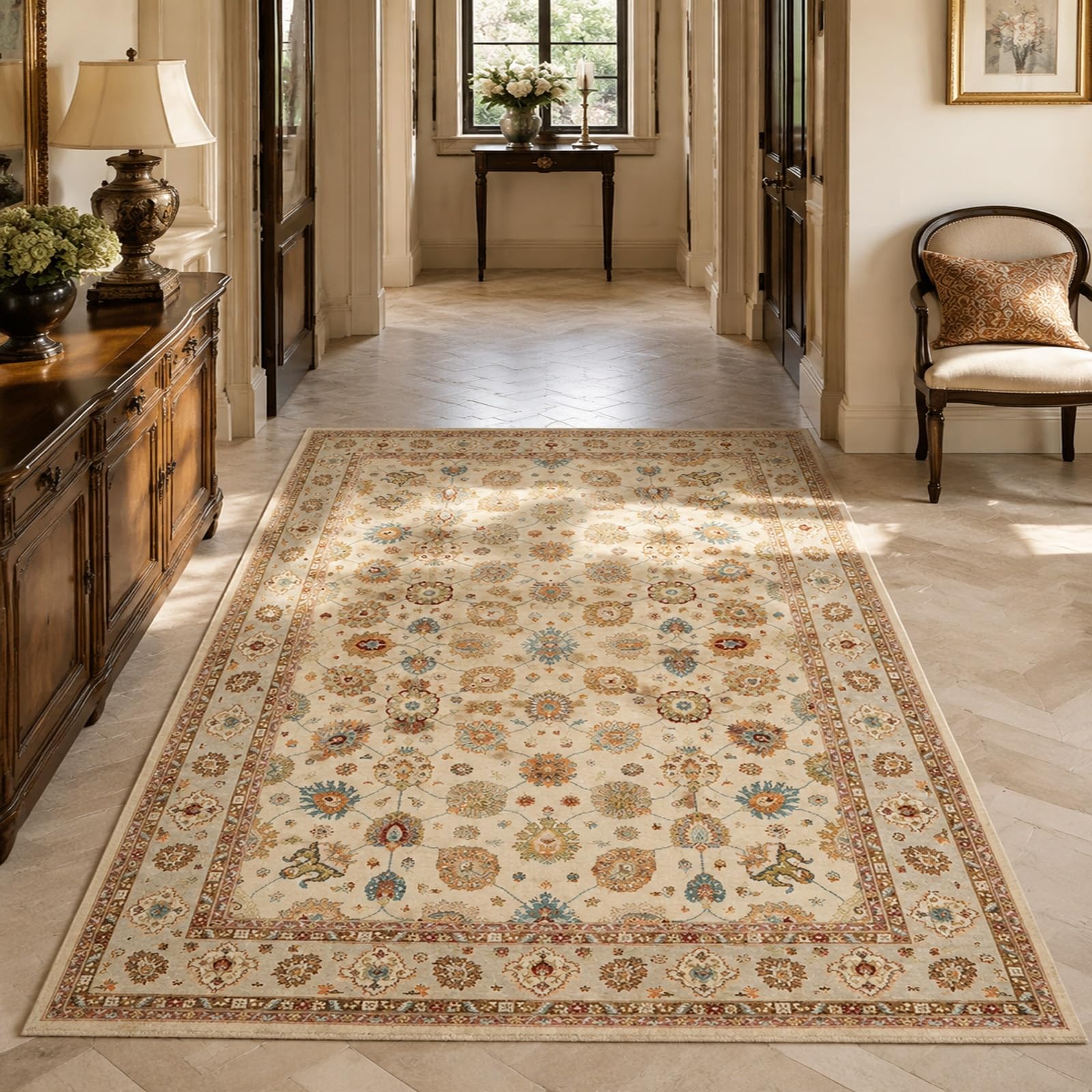 Teppich Wohnzimmer, 180 x 240 cm, Orientalisches Blumenmuster Beige, Blau, Rot, Gelb, Orange, Braun, Teppiche Waschbar Anti-Rutsch Schlafzimmer Teppiche Matte,